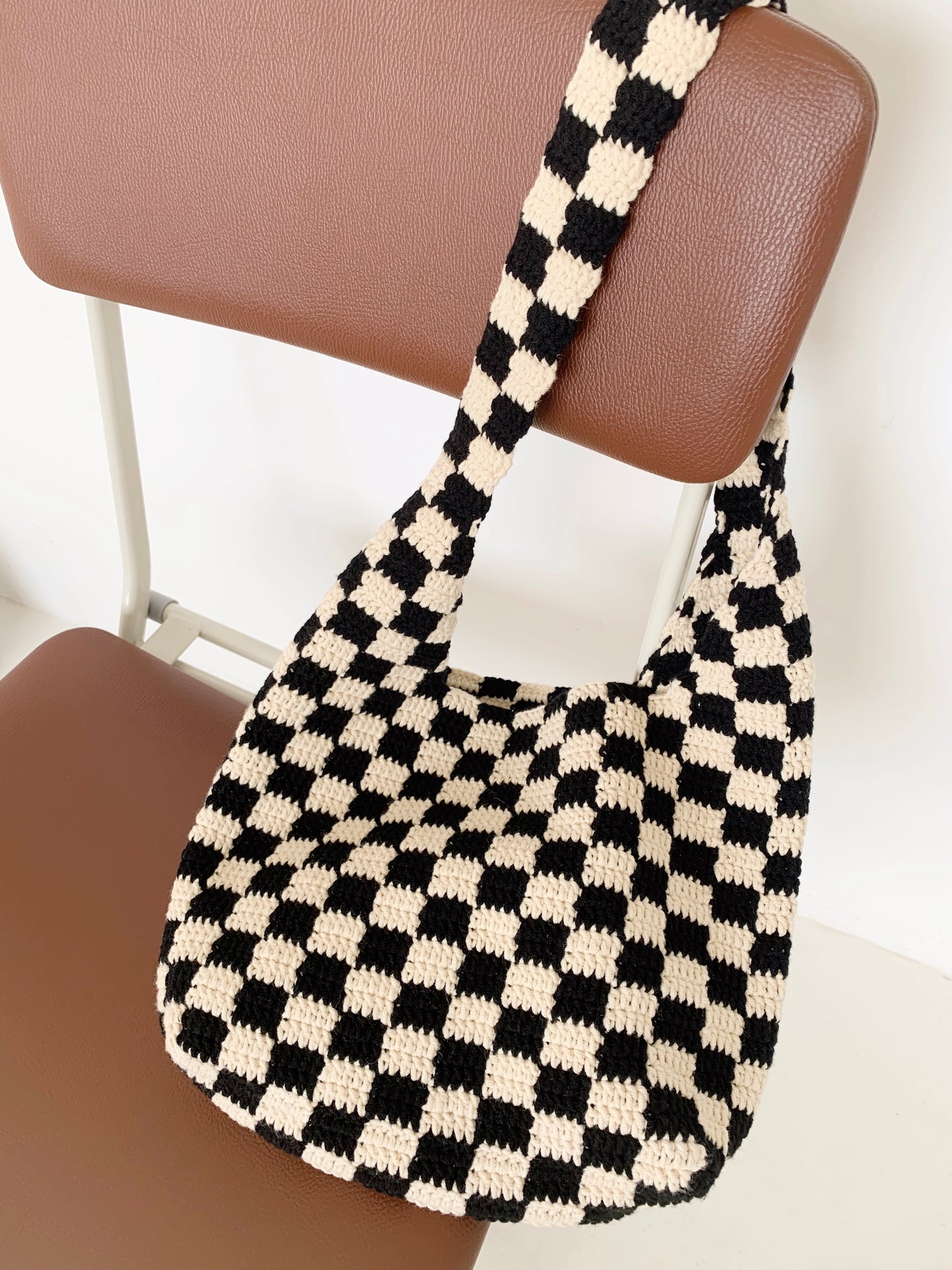 Black Checkered Pattern Crochet Tote Bag