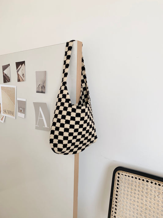 Black Checkered Pattern Crochet Tote Bag