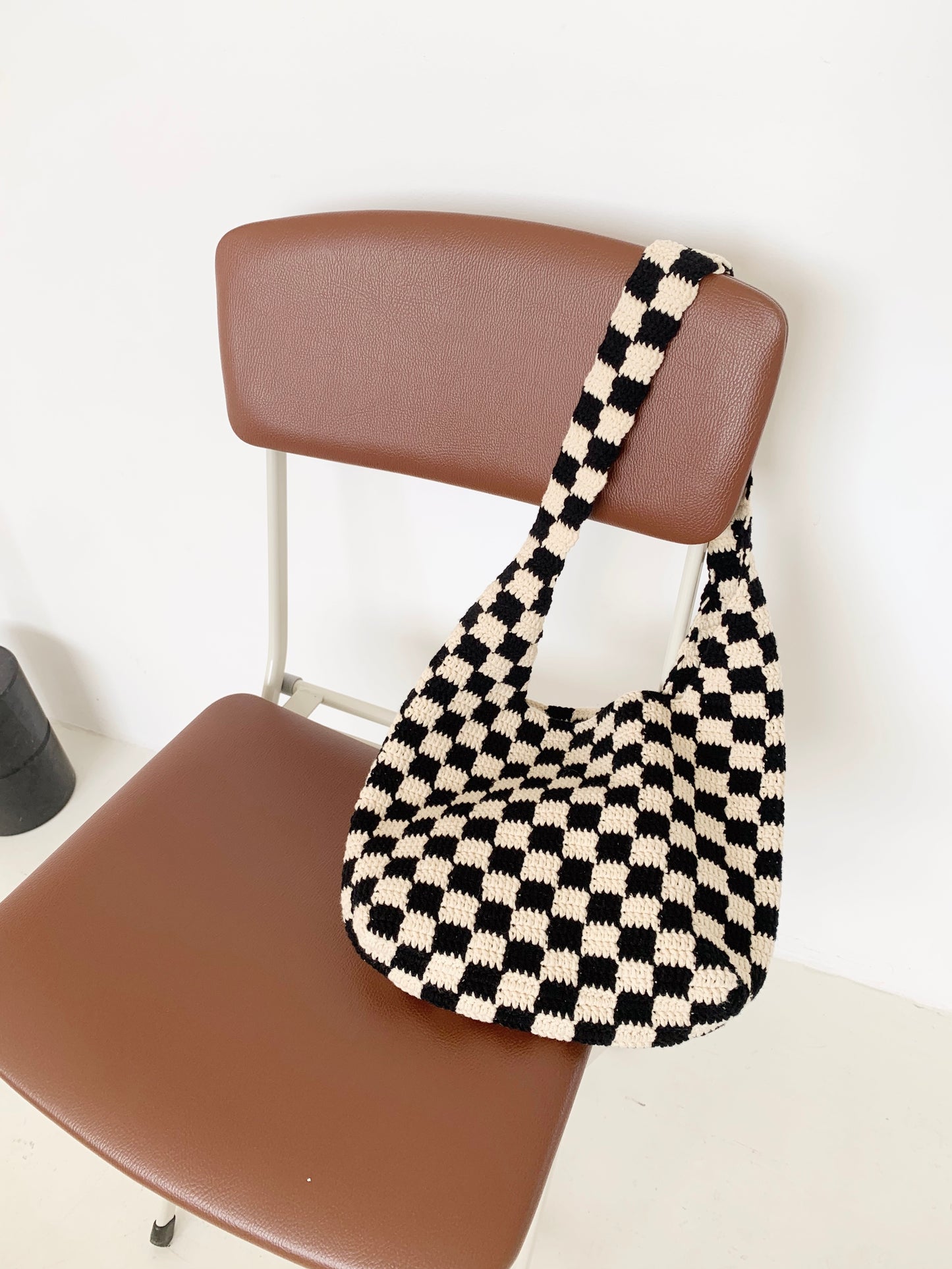 Black Checkered Pattern Crochet Tote Bag