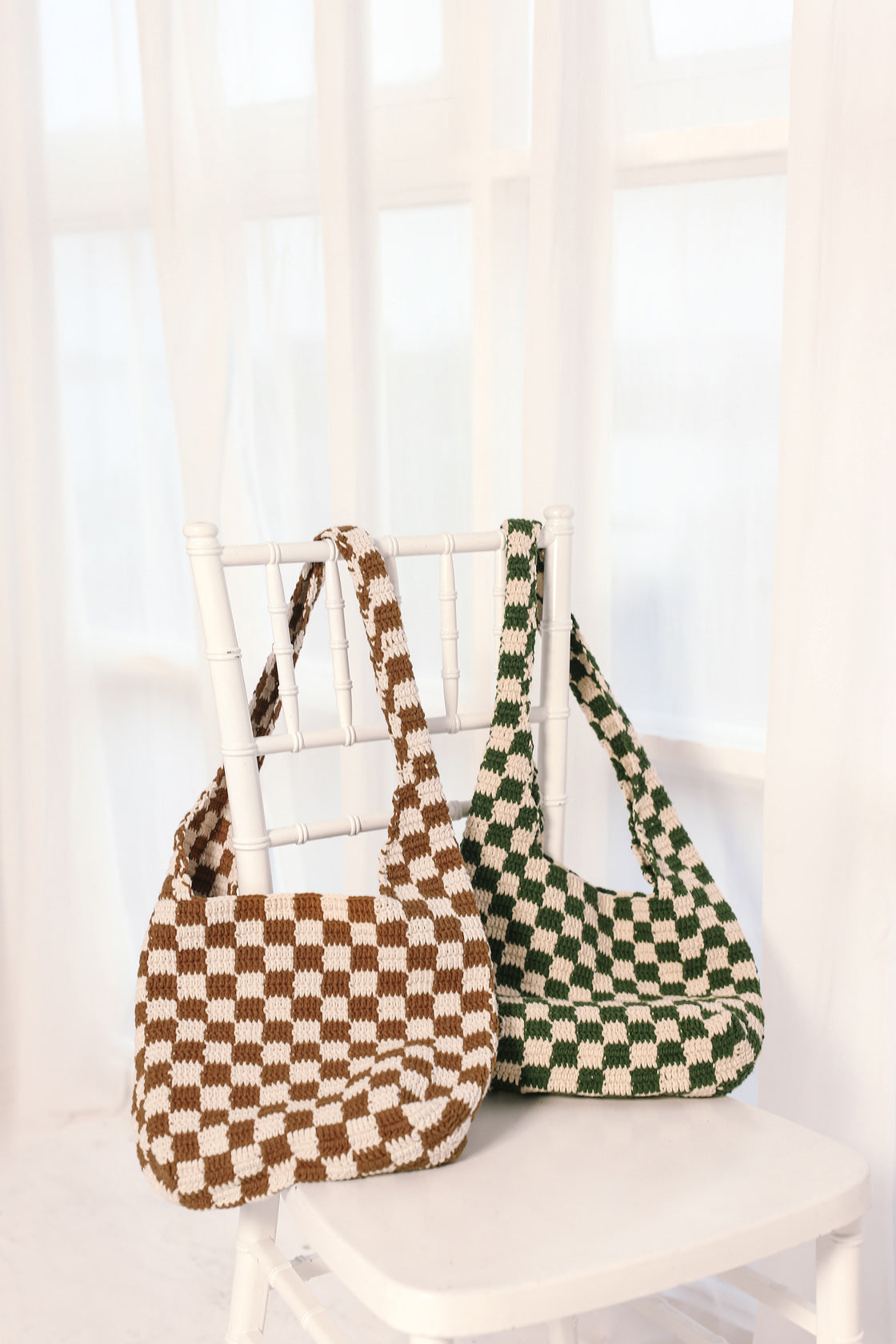 Brown Checkered Pattern Crochet Tote Bag