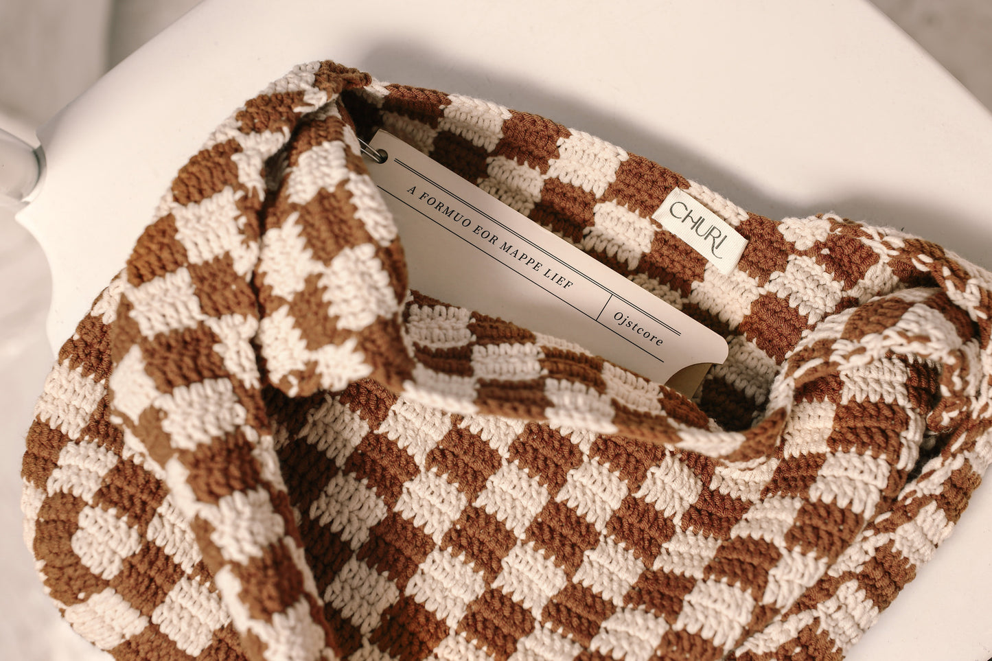Brown Checkered Pattern Crochet Tote Bag