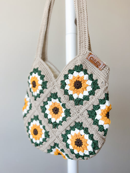 Sunflower Blossom Pattern Crochet Tote Bag comes with mini Pocket