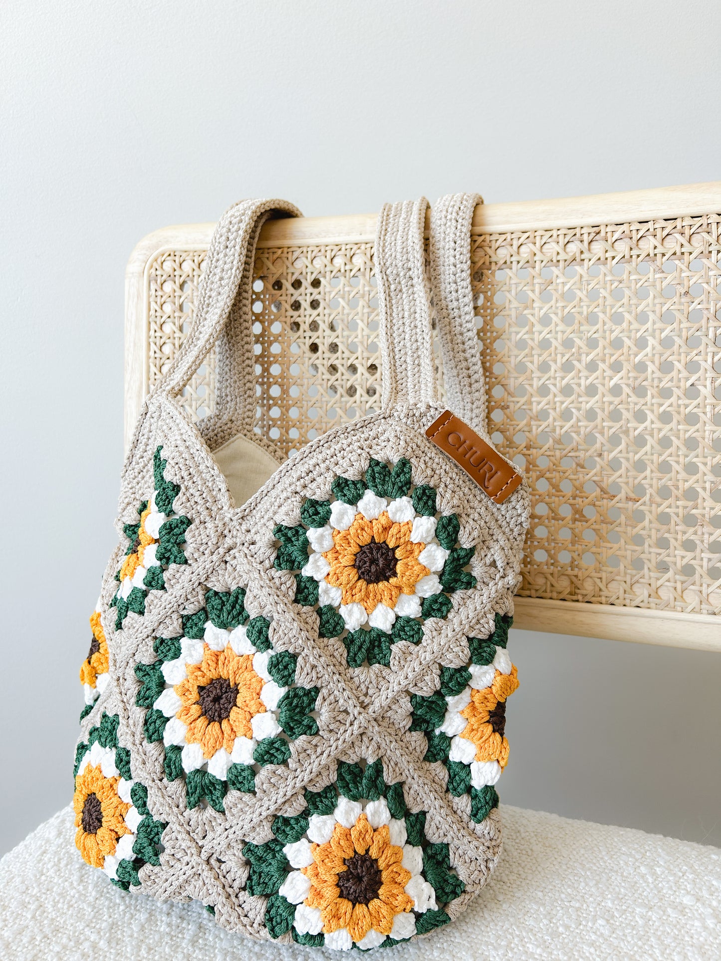 Sunflower Blossom Pattern Crochet Tote Bag comes with mini Pocket