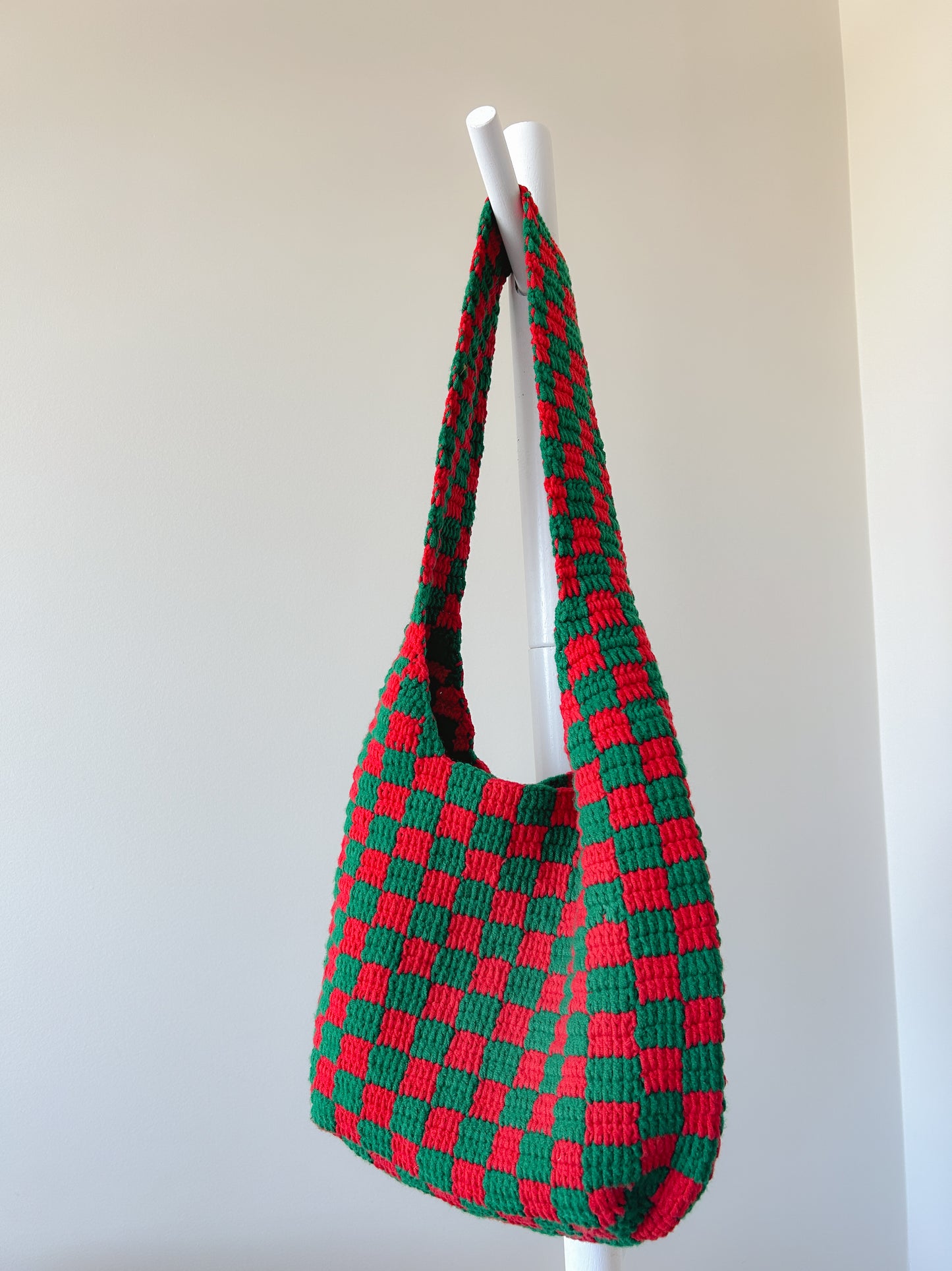 Red & Green Checkered Pattern Crochet Tote Bag