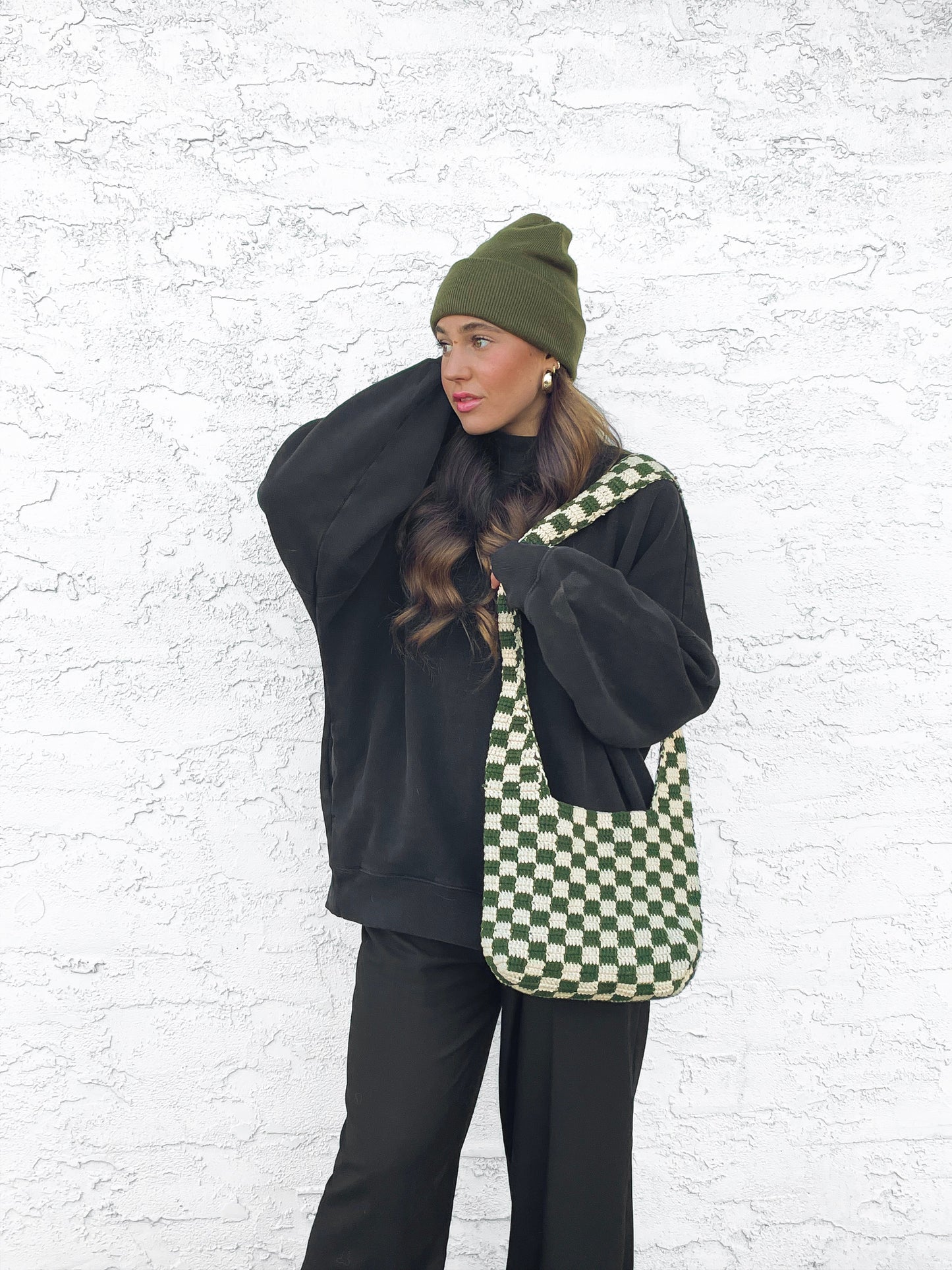 Olive Green Checkered Pattern Crochet Tote Bag