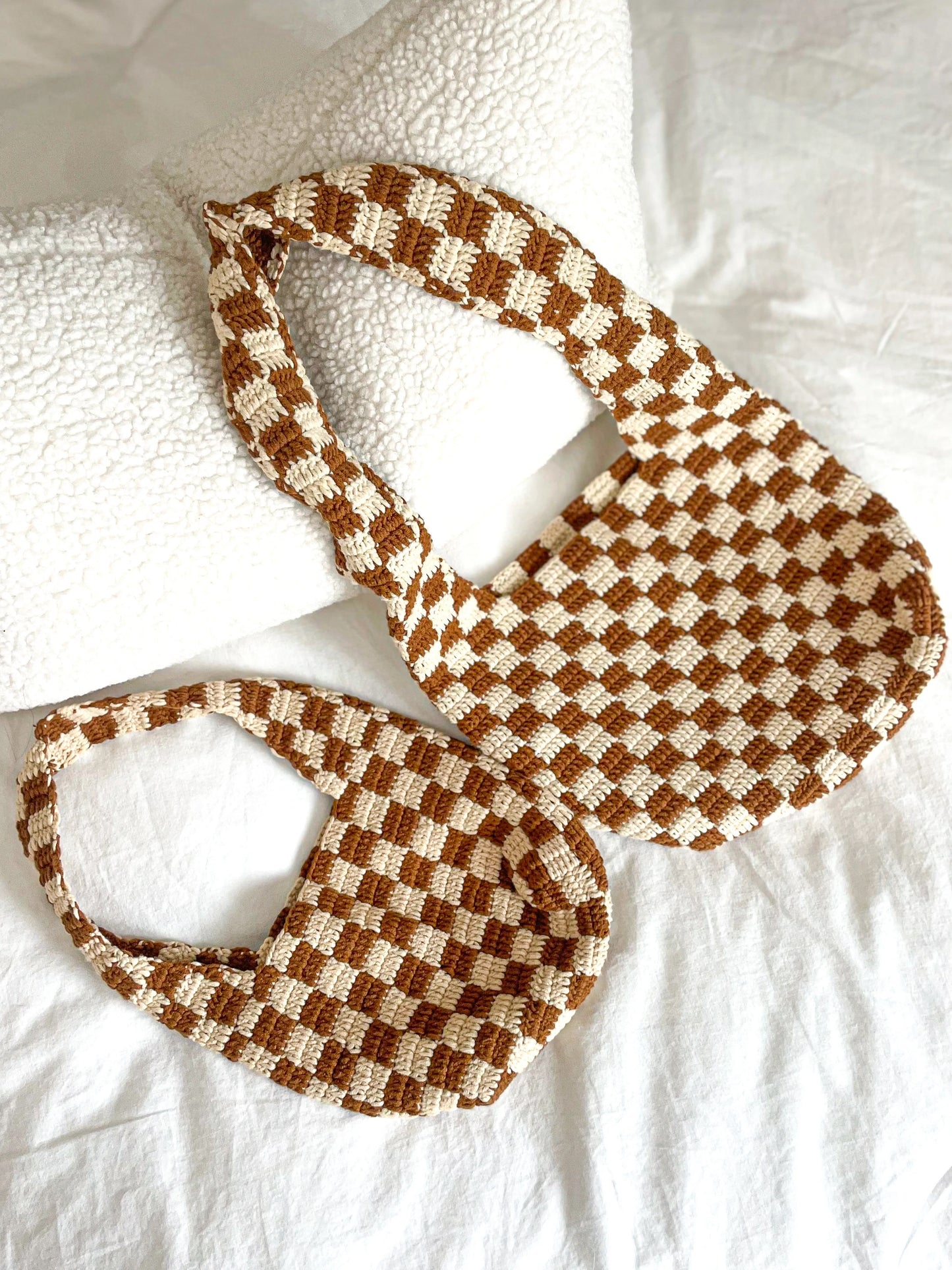 Brown Checkered Pattern Crochet Tote Bag