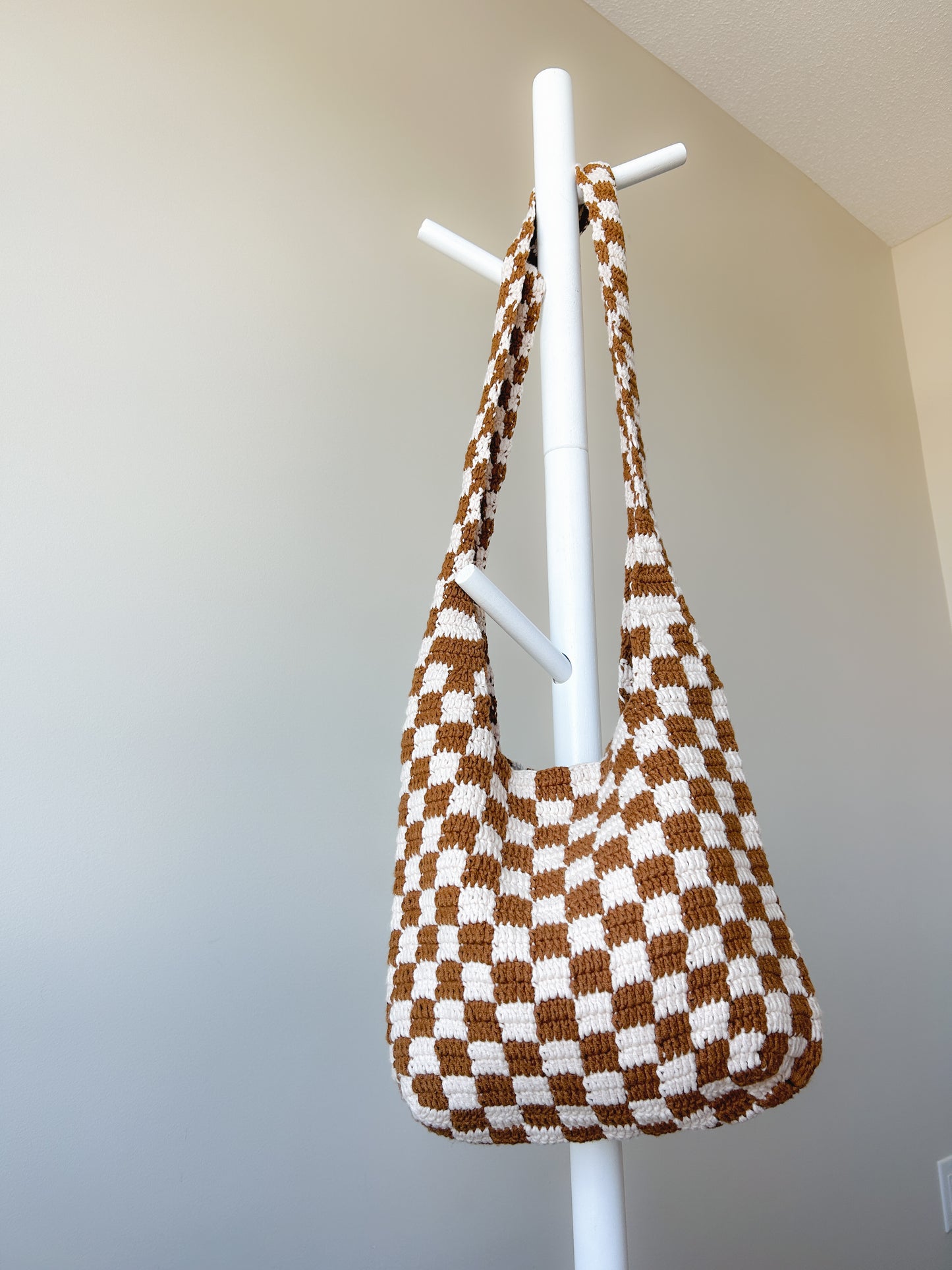 Brown Checkered Pattern Crochet Tote Bag