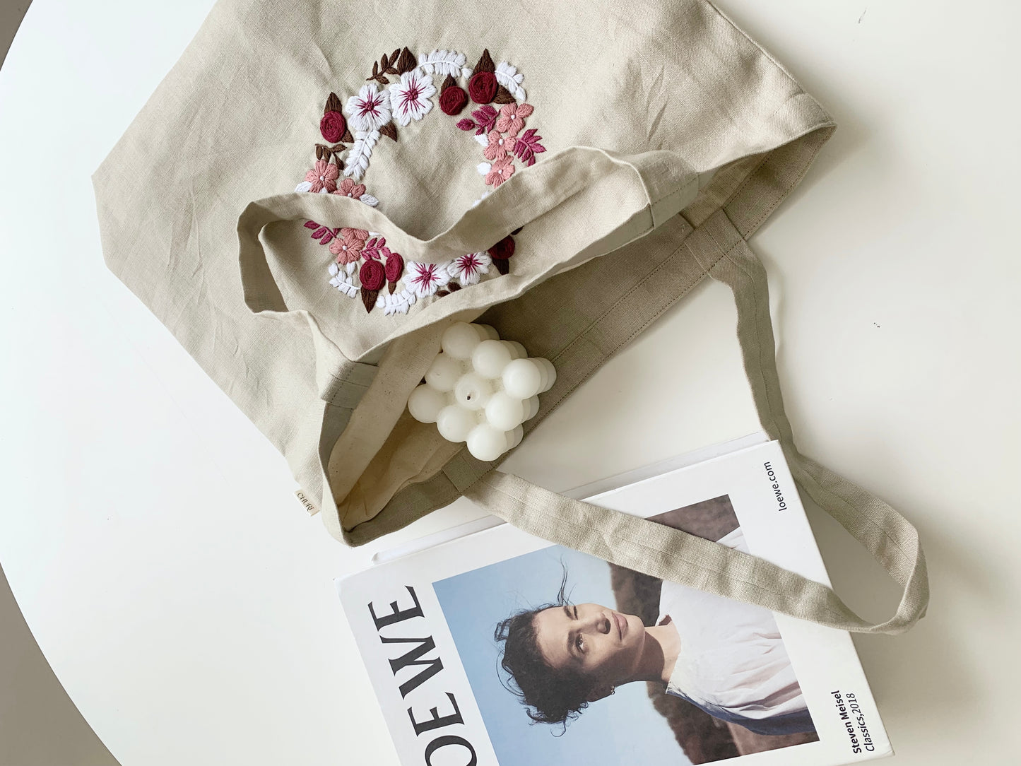 Little Rose Wreath- Linen Canvas Tote Bag