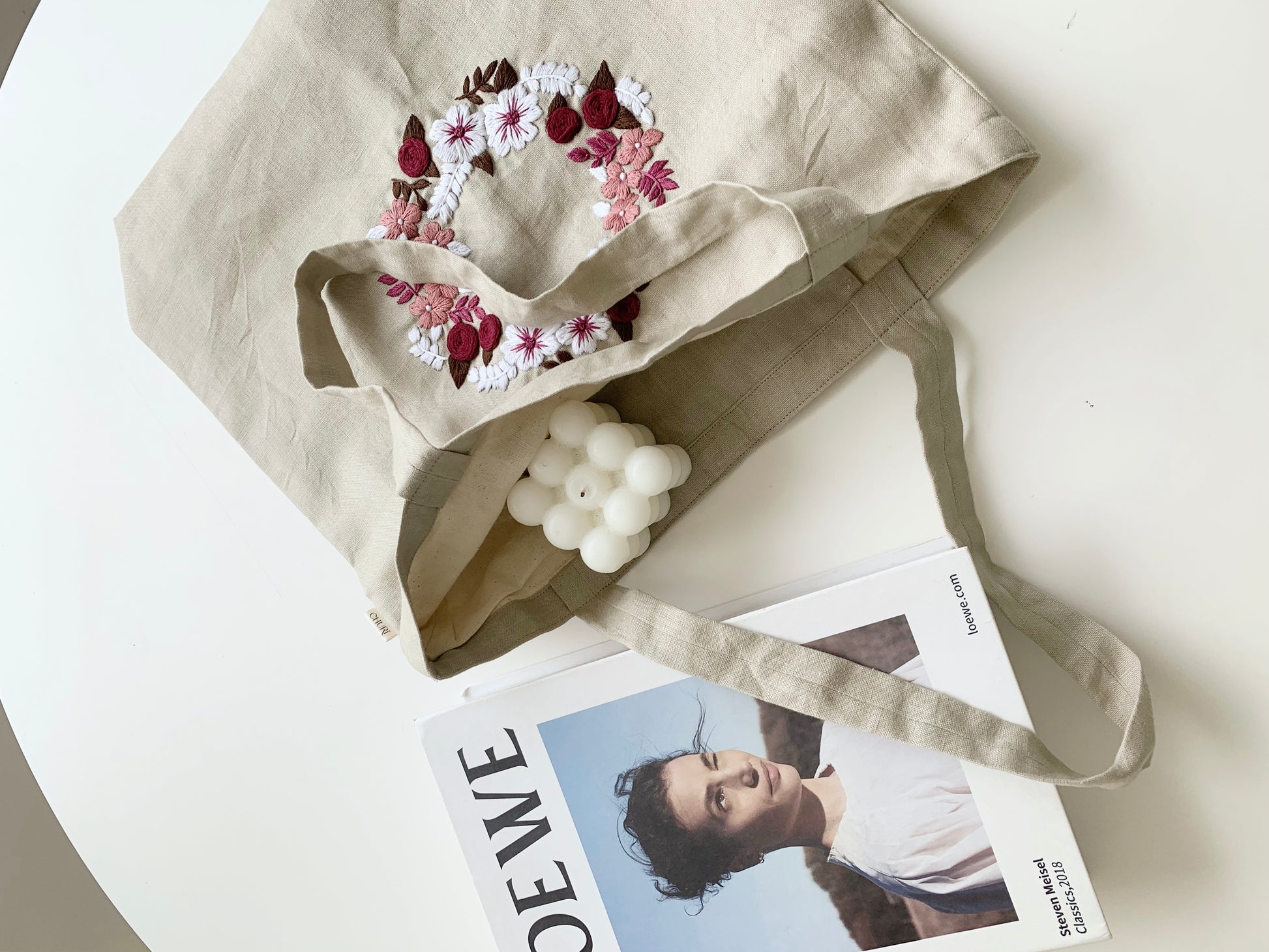 Little Rose Wreath- Linen Canvas Tote Bag