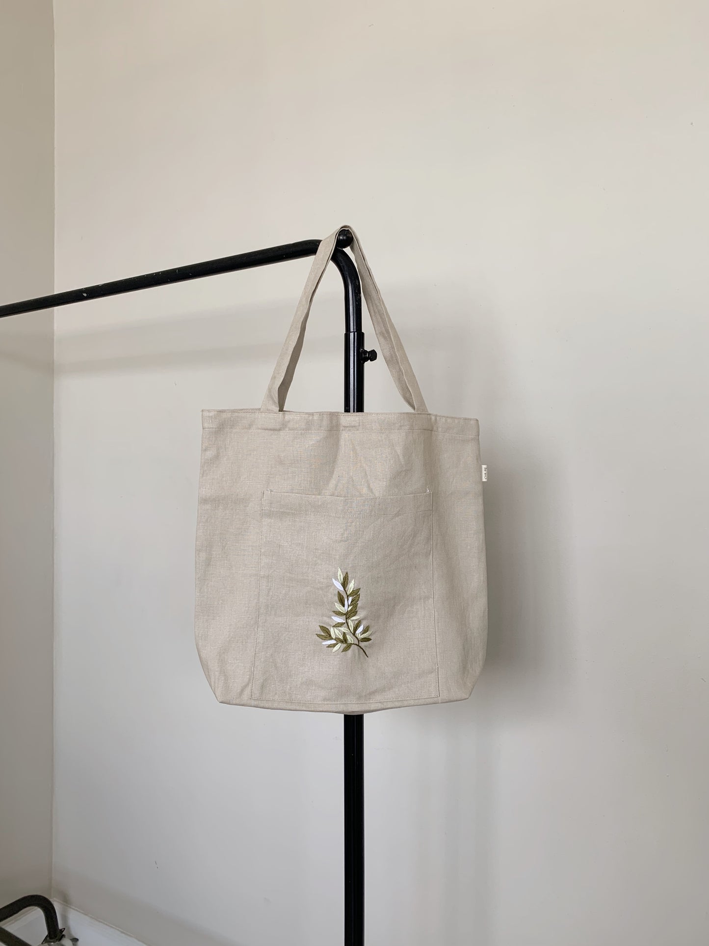 Linen Canvas Tote Bag with Hand Embroidery Leaf