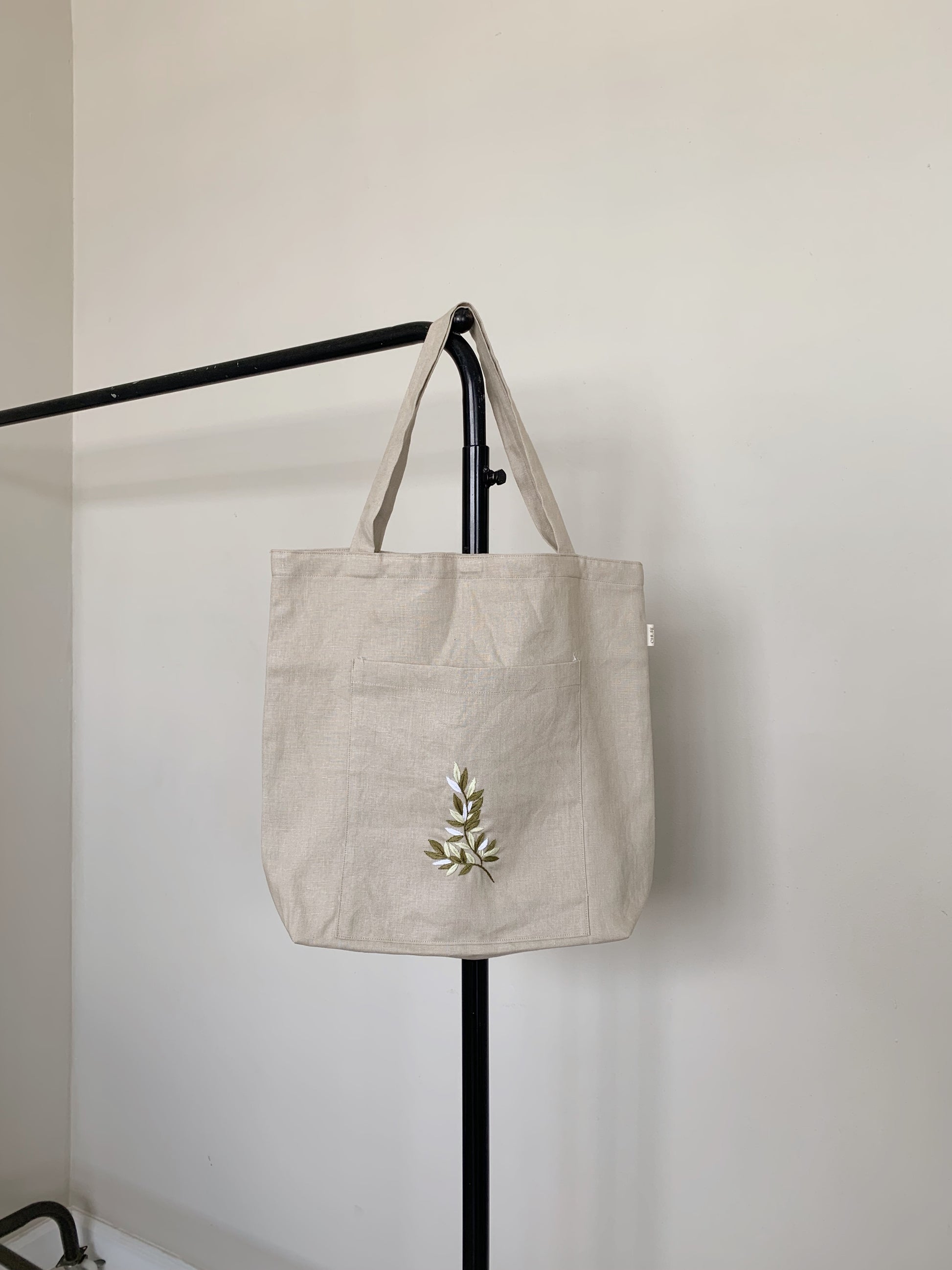 Linen Canvas Tote Bag with Hand Embroidery Leaf