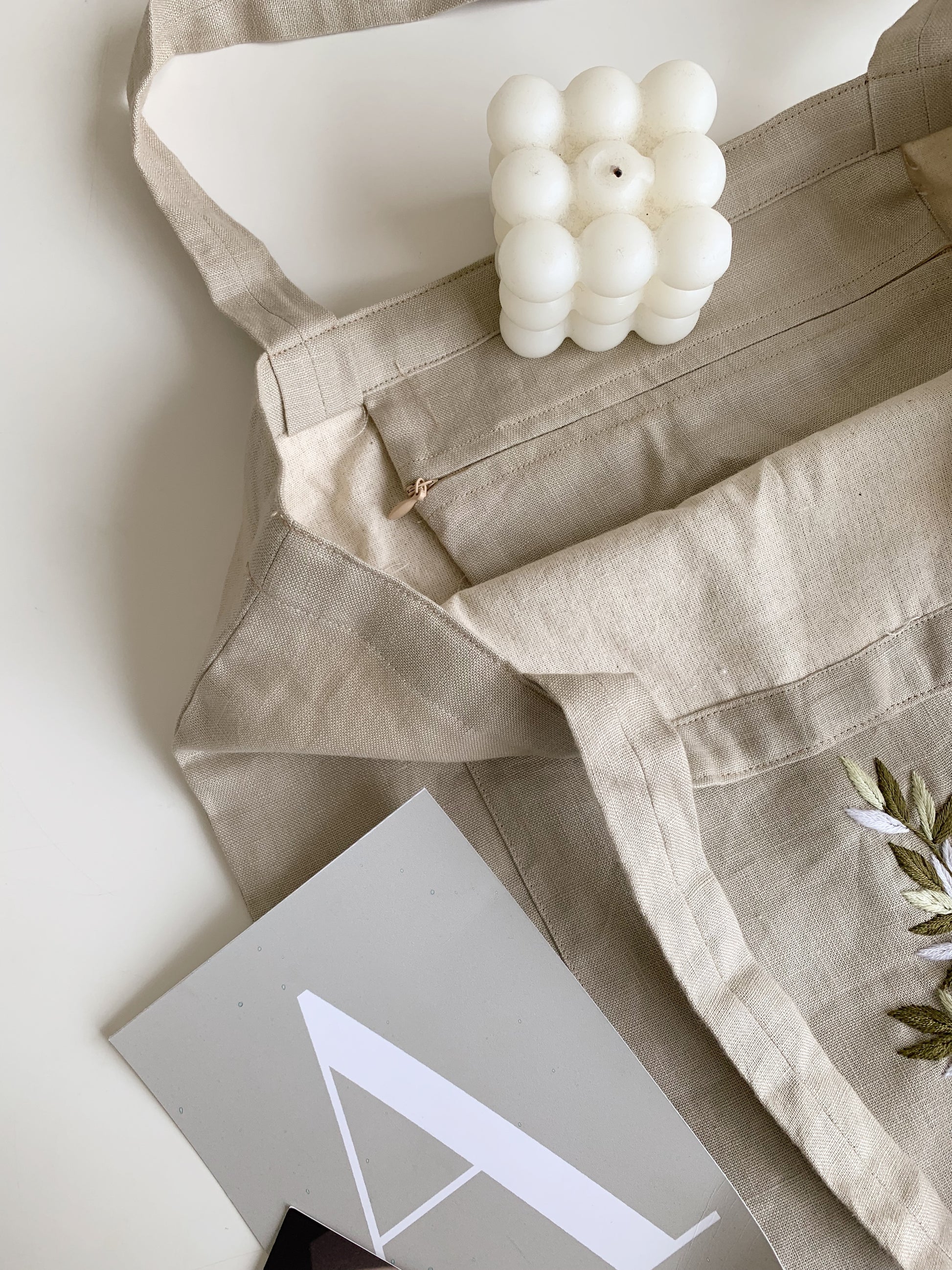 Linen Canvas Tote Bag with Hand Embroidery Leaf