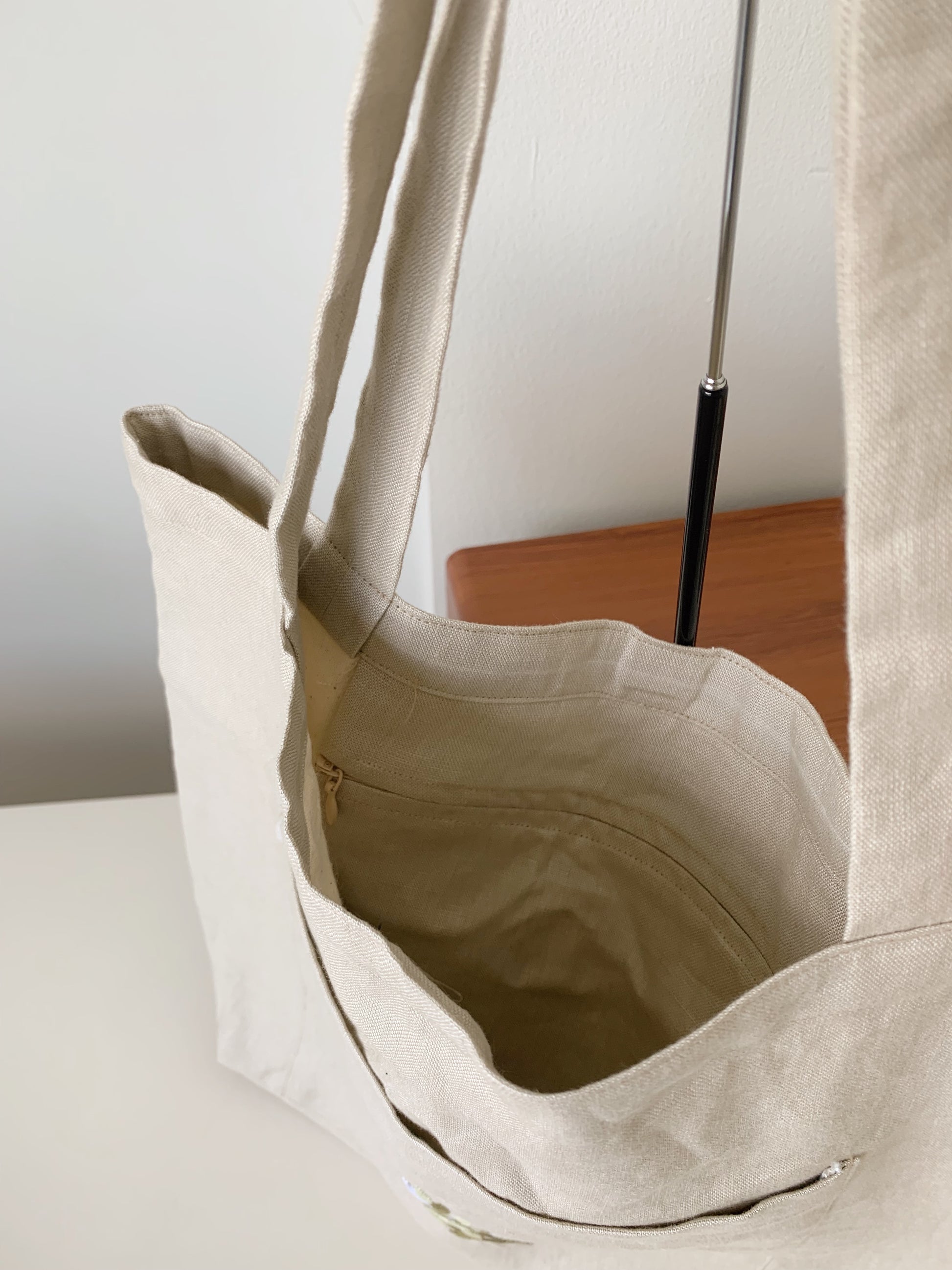 Linen Canvas Tote Bag with Hand Embroidery Leaf