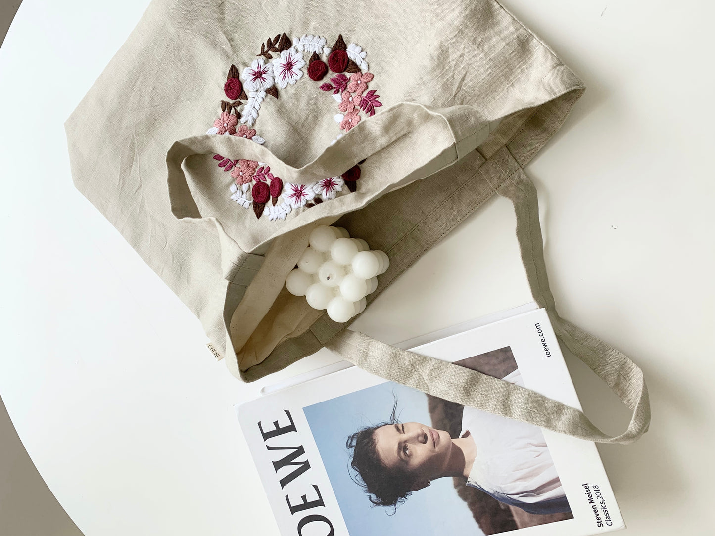 Little Rose Wreath- Linen Canvas Tote Bag