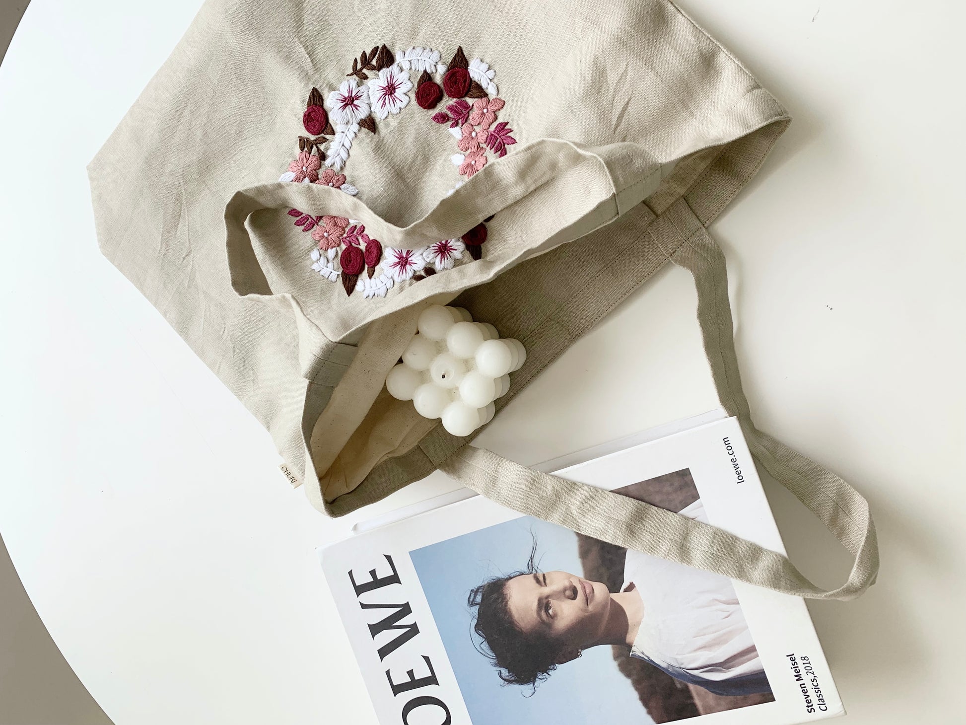Little Rose Wreath- Linen Canvas Tote Bag