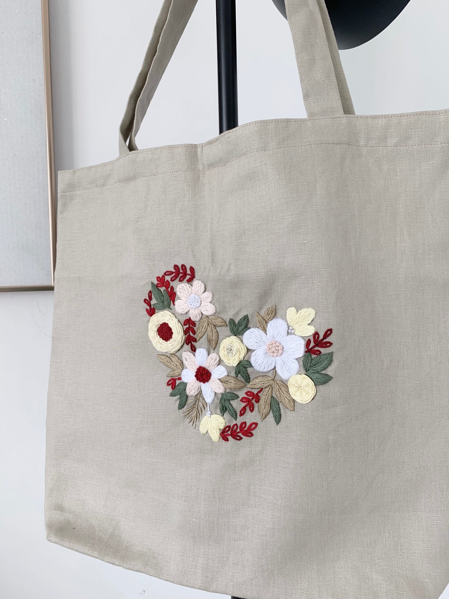 The Hand Embroidery Linen Canvas Tote Bag with Heart Floral Bouquet embroidery