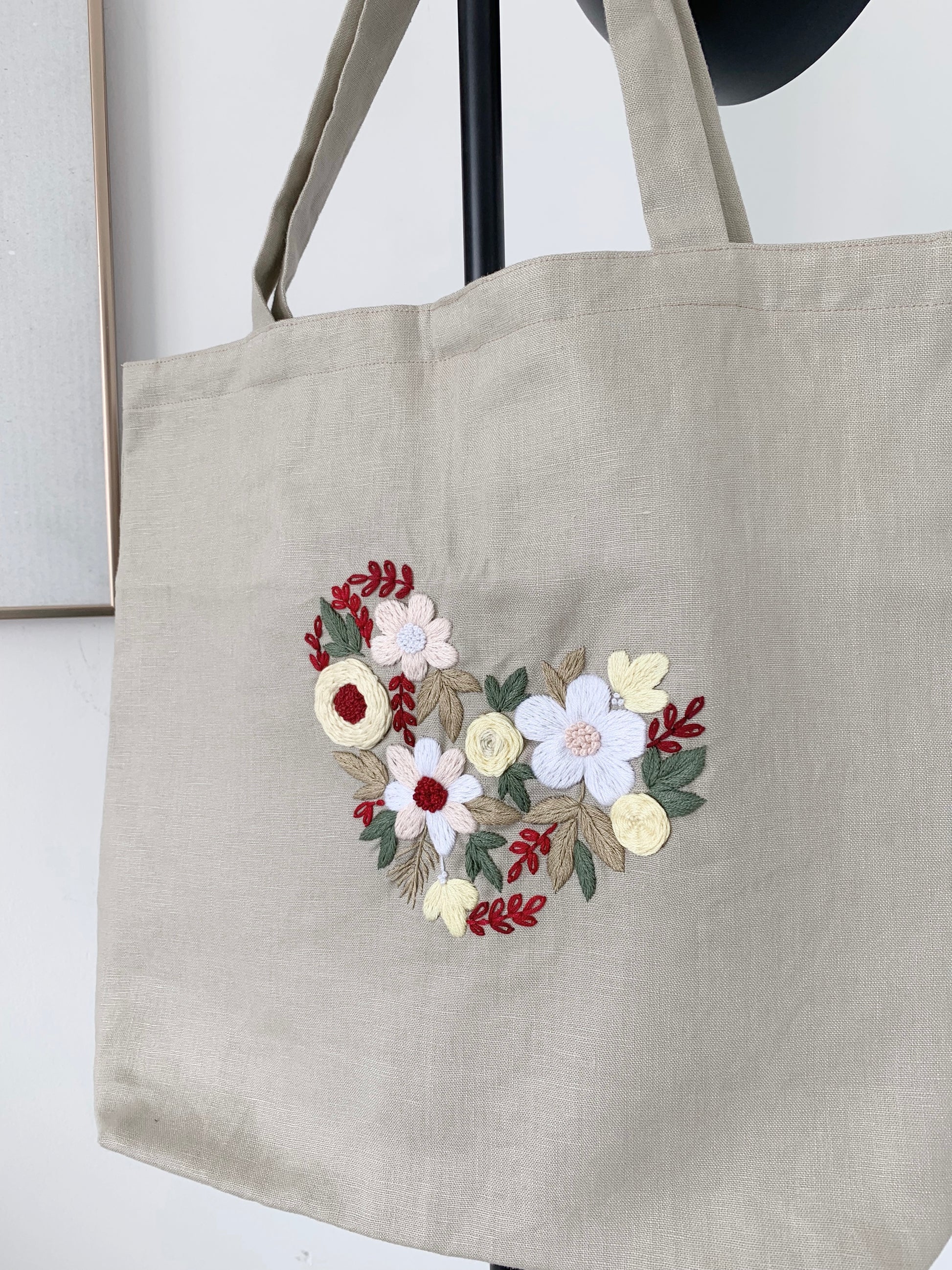 The Hand Embroidery Linen Canvas Tote Bag with Heart Floral Bouquet embroidery