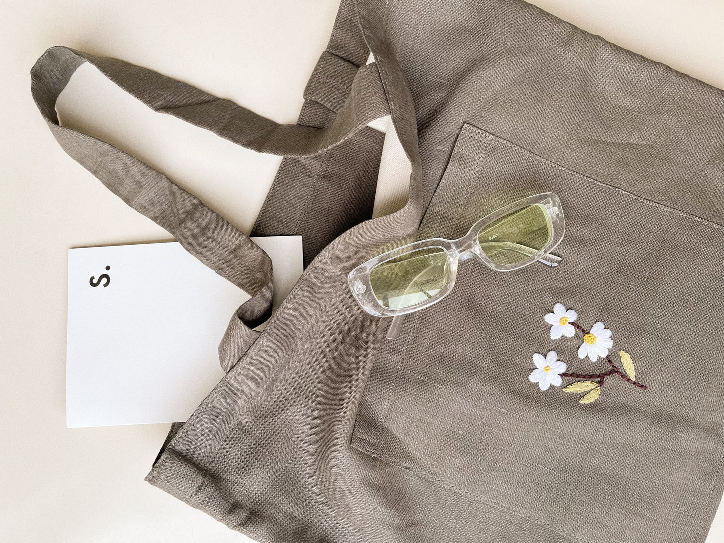 Linen Canvas Tote Bag with Hand Embroidery Daisy Flower