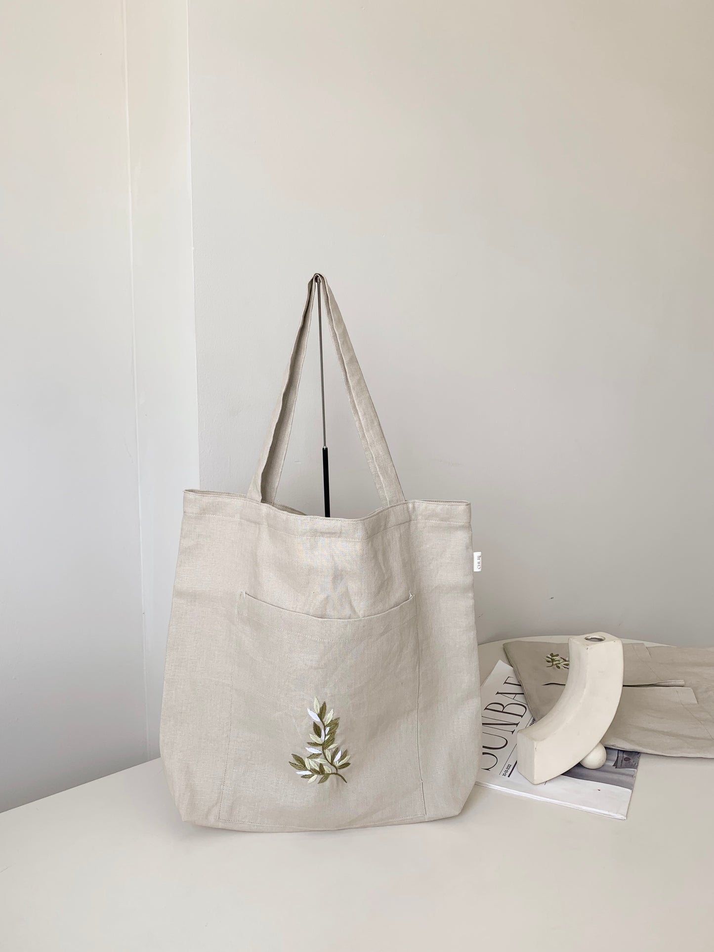 Linen Canvas Tote Bag with Hand Embroidery Leaf