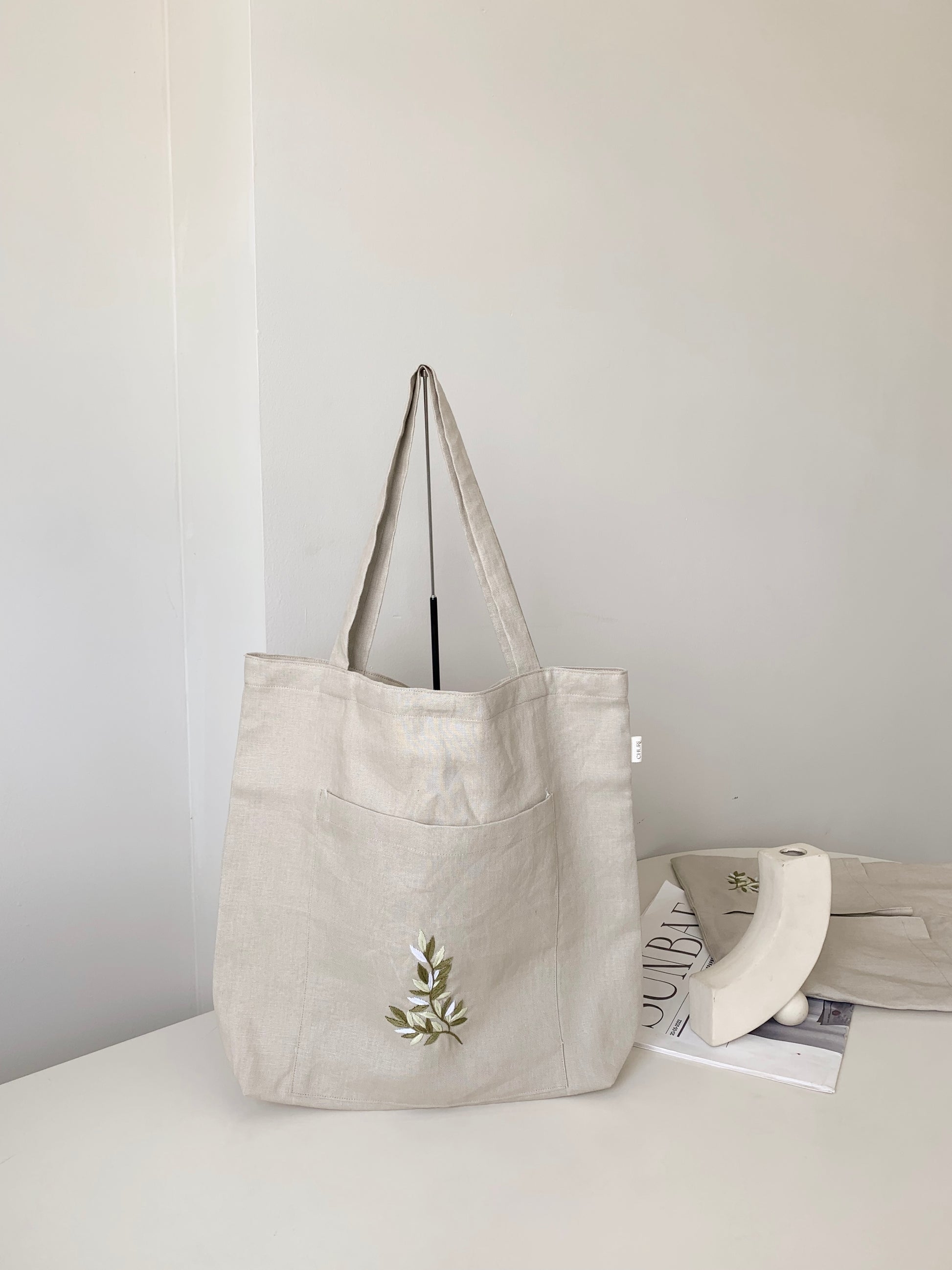 Linen Canvas Tote Bag with Hand Embroidery Leaf