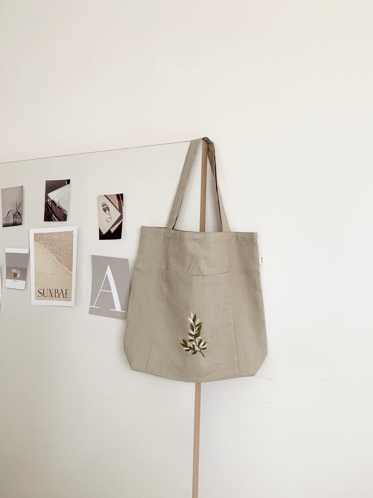 Linen Canvas Tote Bag with Hand Embroidery Leaf