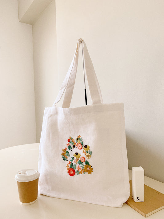 Linen Canvas Tote Bag with Puppy Paw Petal sunflower design