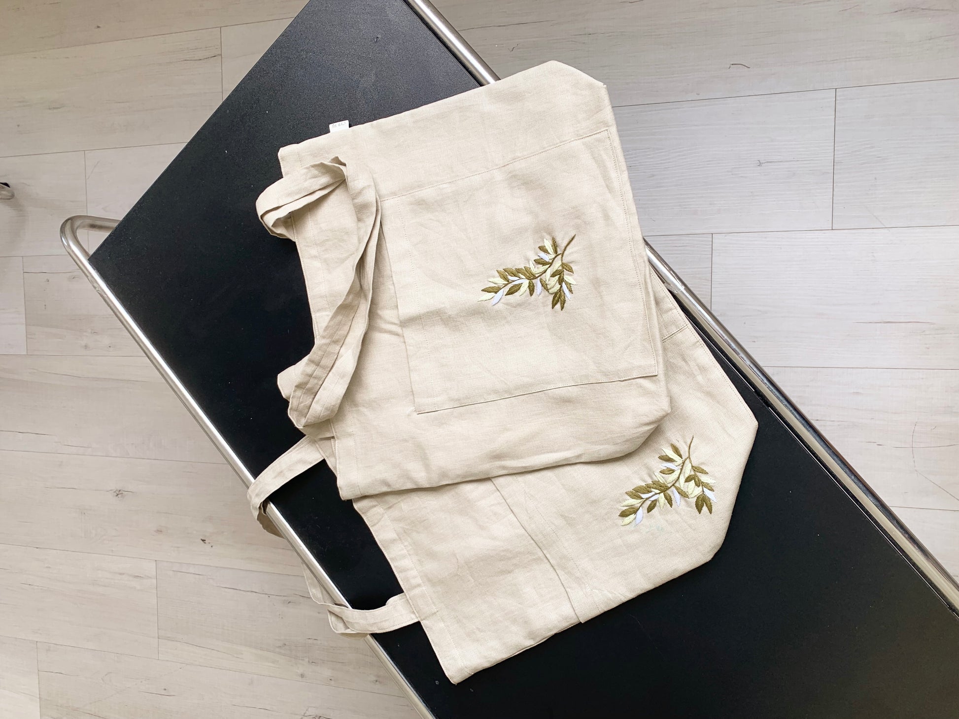 Linen Canvas Tote Bag with Hand Embroidery Leaf