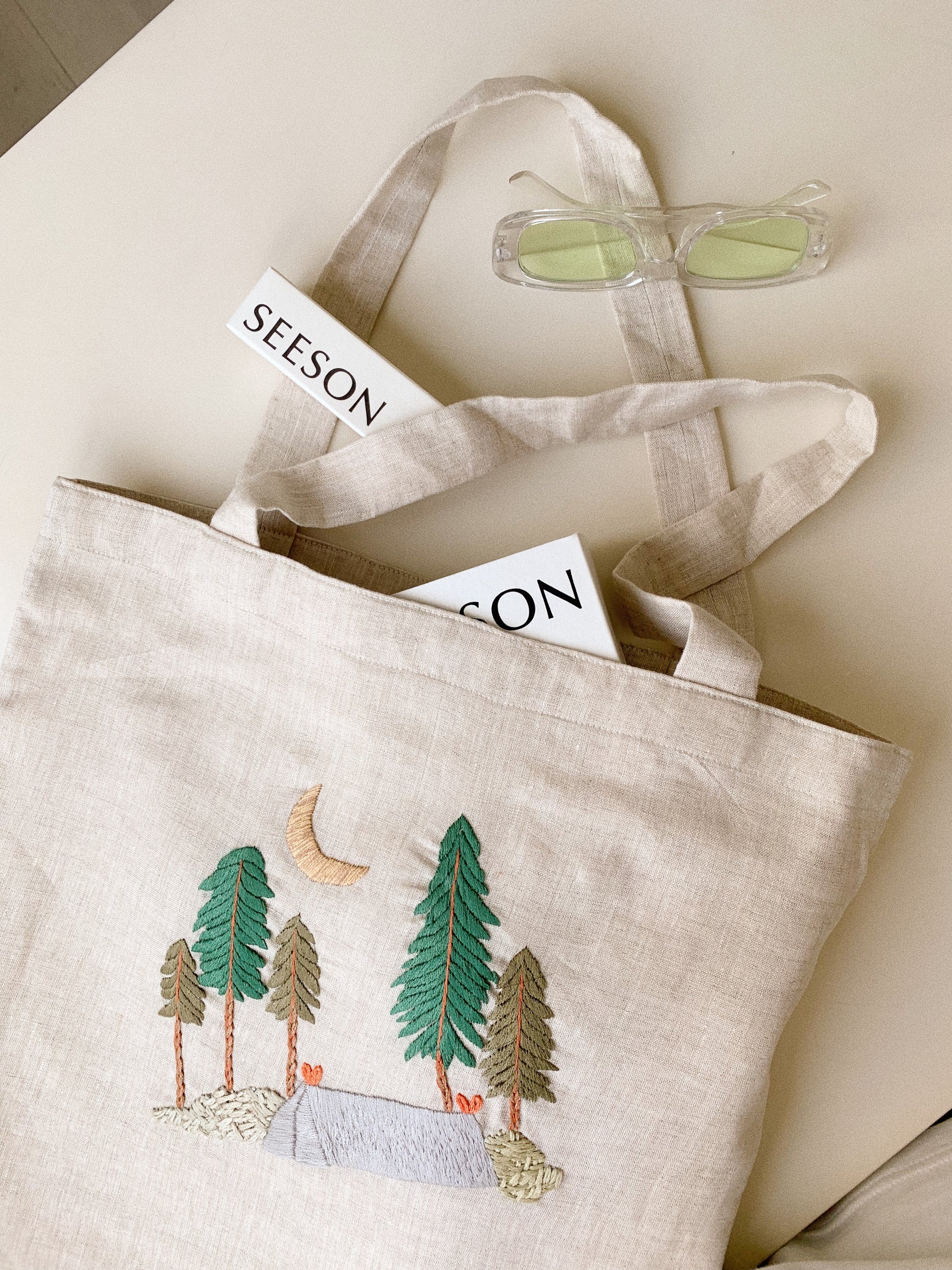 Hand Embroidery Linen Canvas Tote Bag is Beautiful and unique tote bag made from high-quality linen canvas with hand-stitched forest embroidery