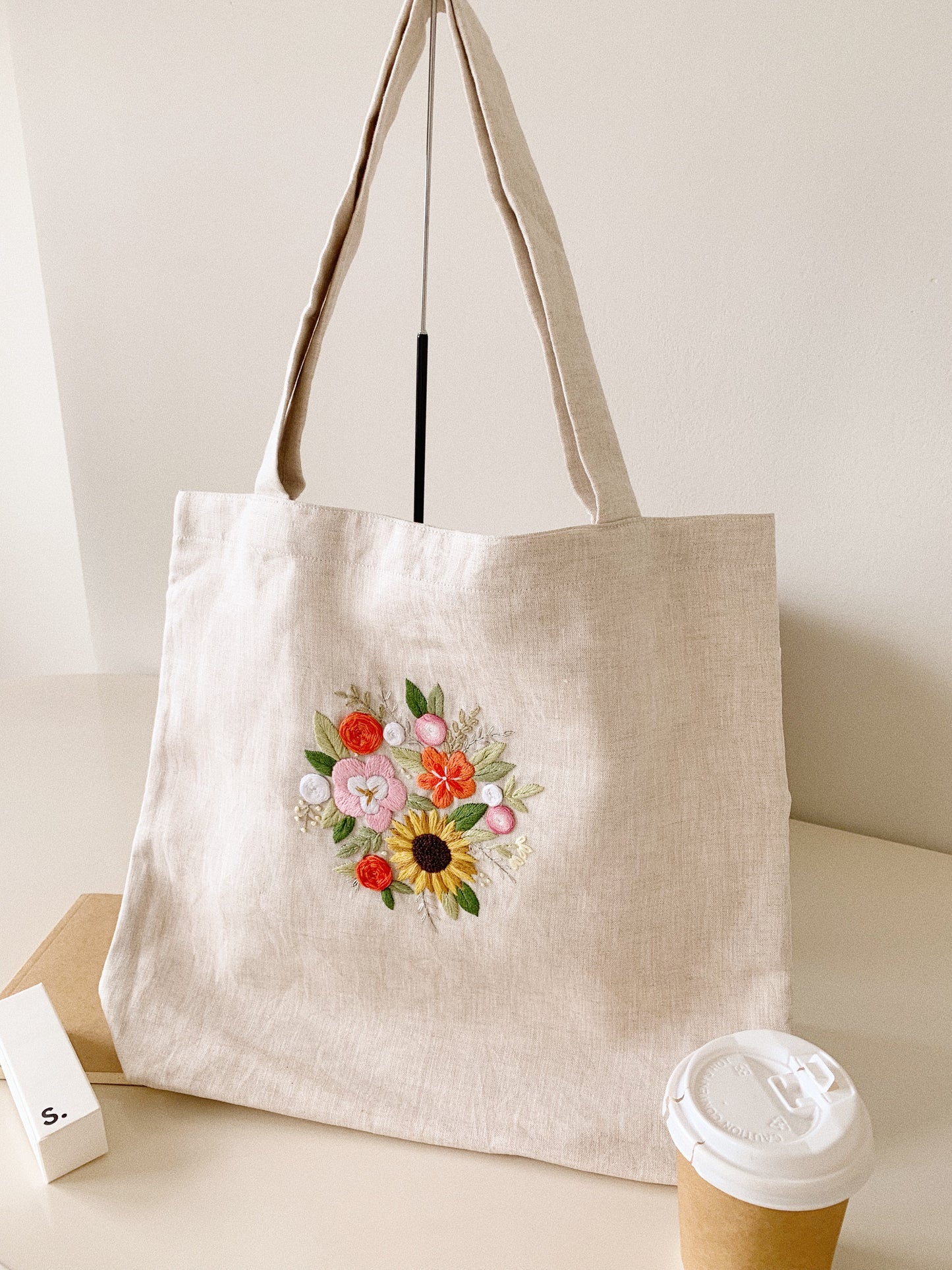 Linen Canvas Tote Bag with Hand Embroidery Sunflower