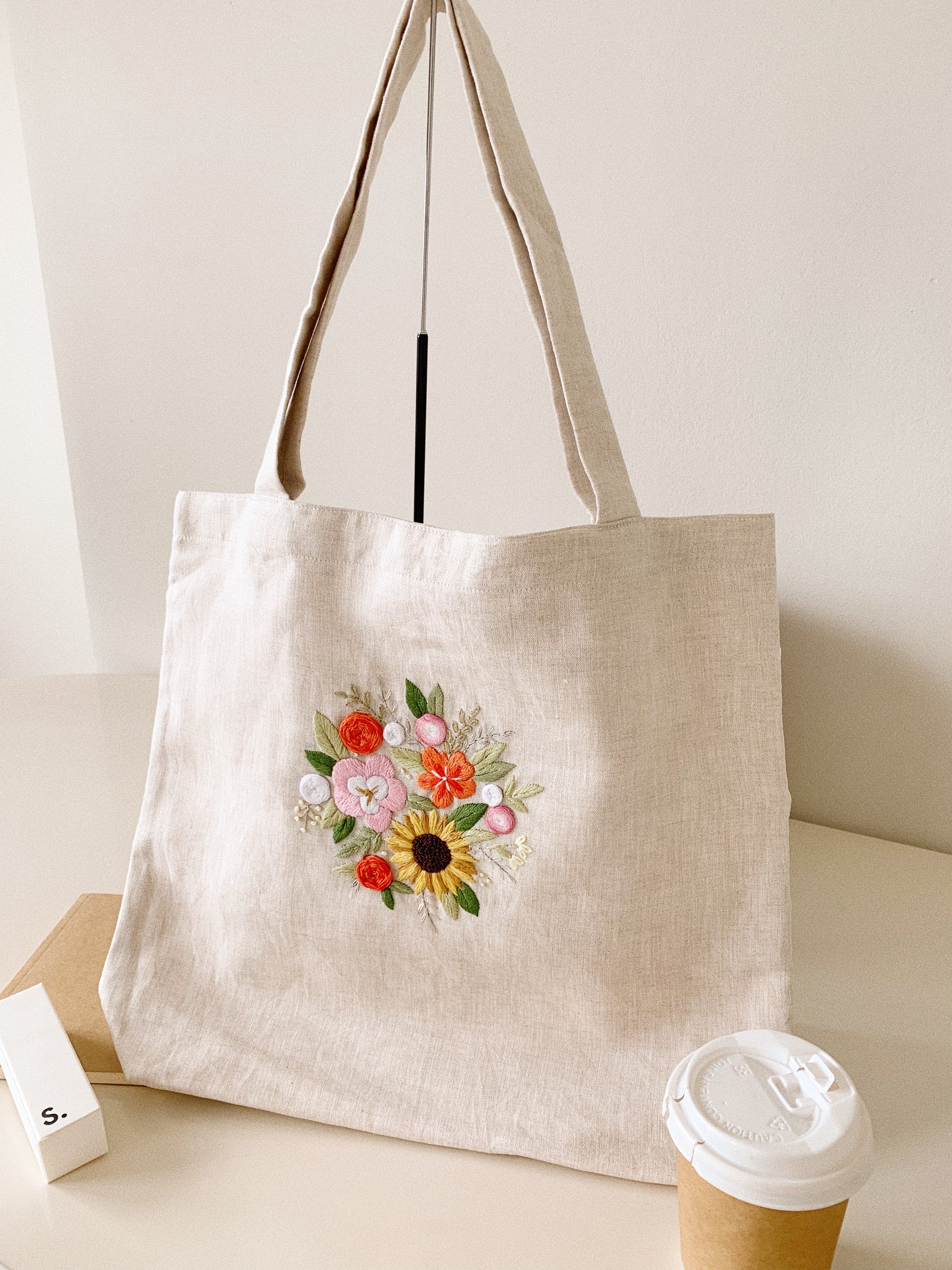 Linen Canvas Tote Bag with Hand Embroidery Sunflower