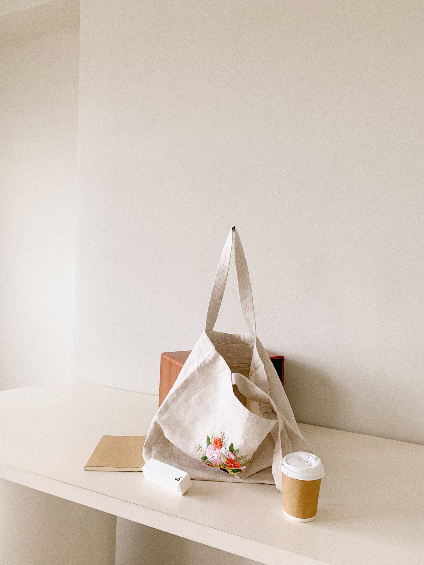 Linen Canvas Tote Bag with Hand Embroidery Sunflower