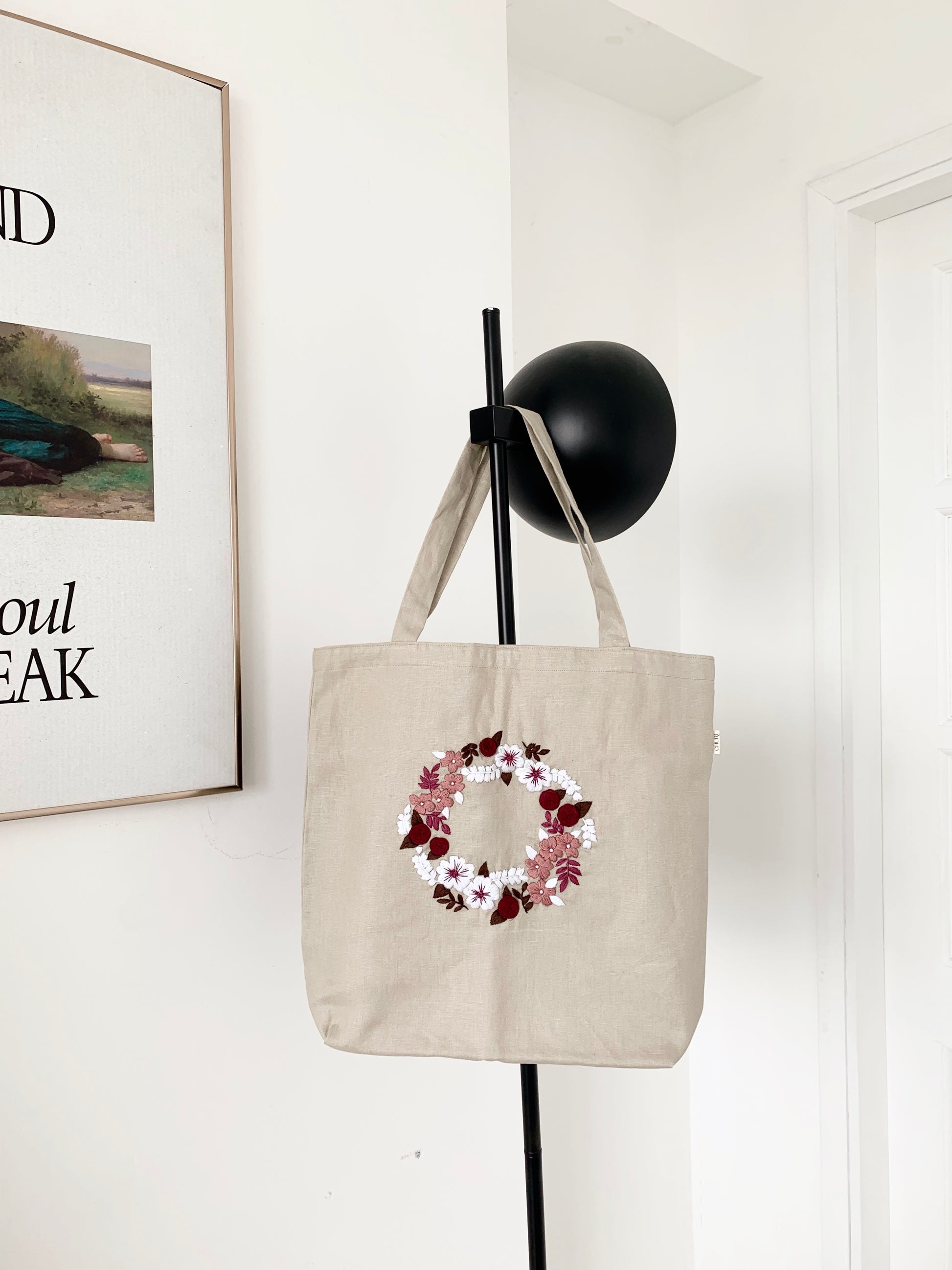 Little Rose Wreath- Linen Canvas Tote Bag