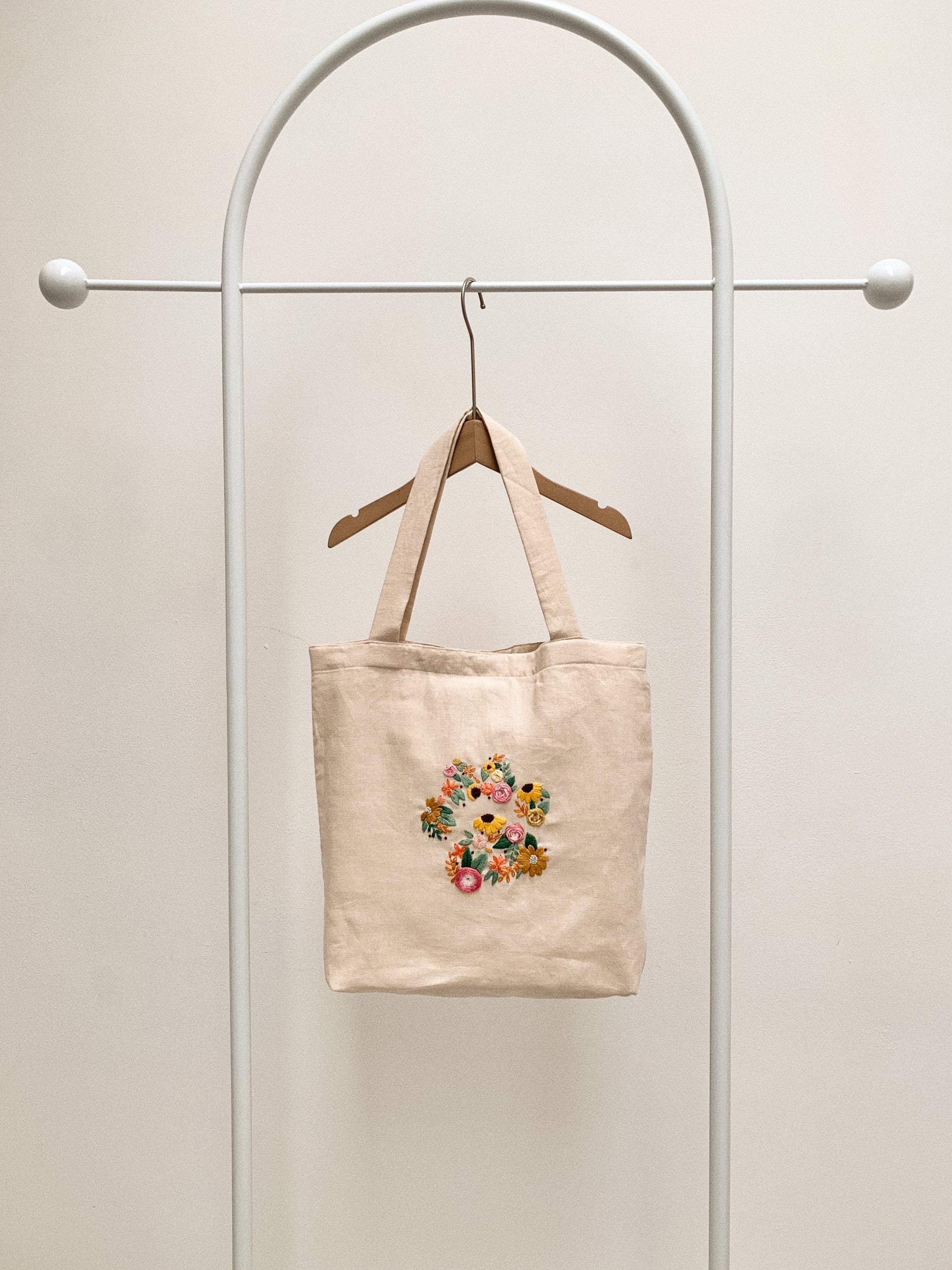 Linen Canvas Tote Bag with Puppy Paw Petal sunflower design