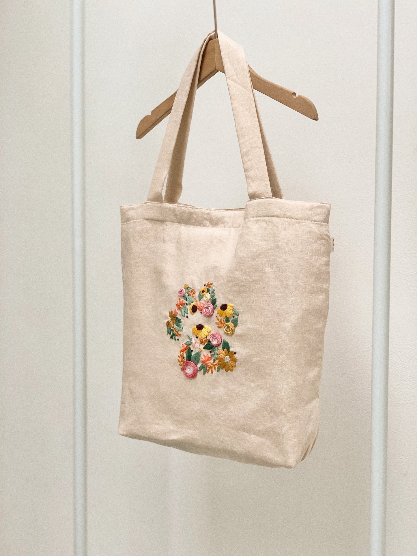 Linen Canvas Tote Bag with Puppy Paw Petal sunflower design