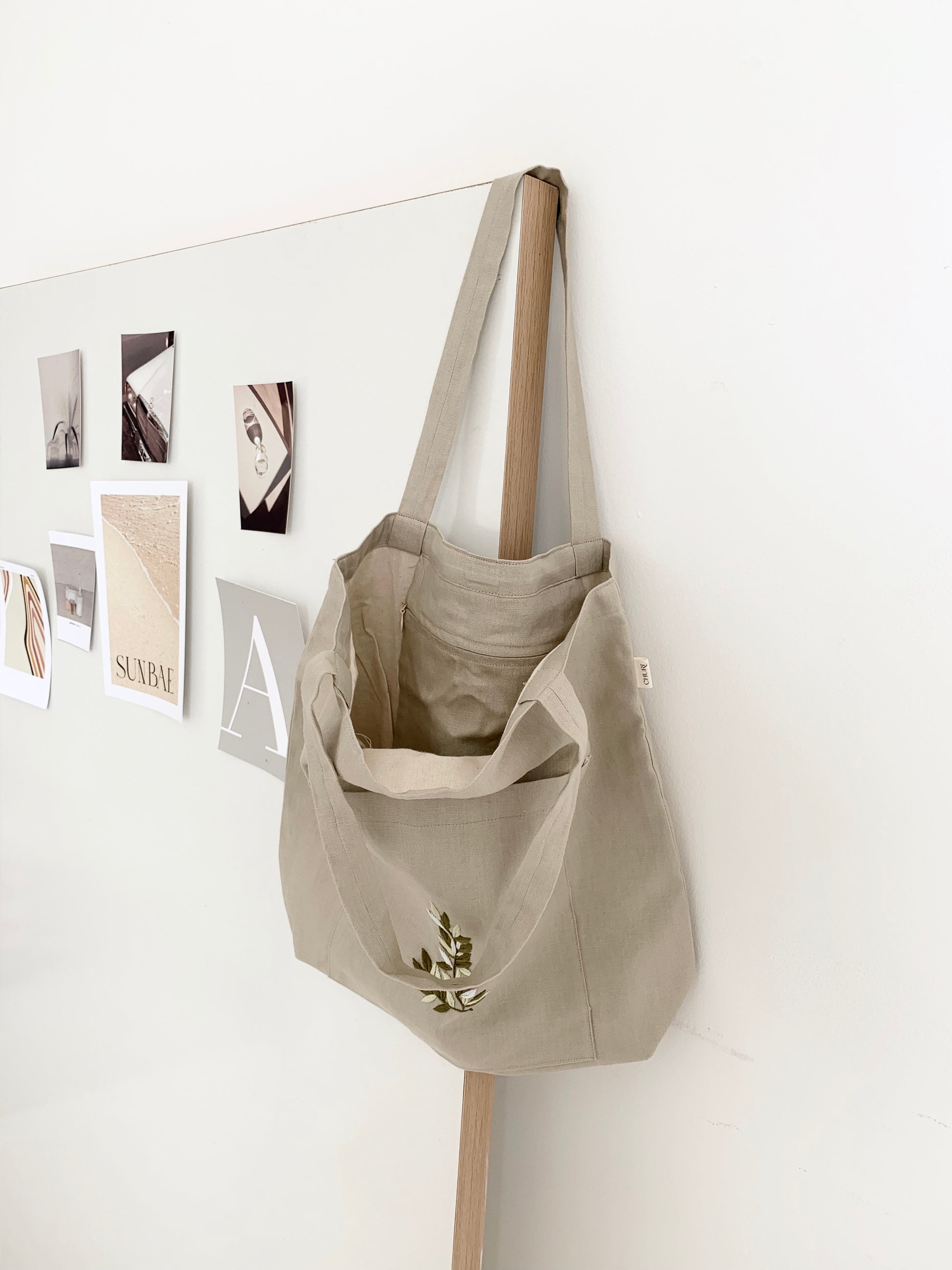 Linen Canvas Tote Bag with Hand Embroidery Leaf