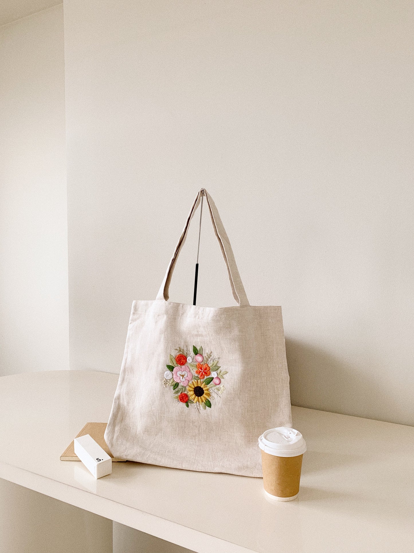 Linen Canvas Tote Bag with Hand Embroidery Sunflower
