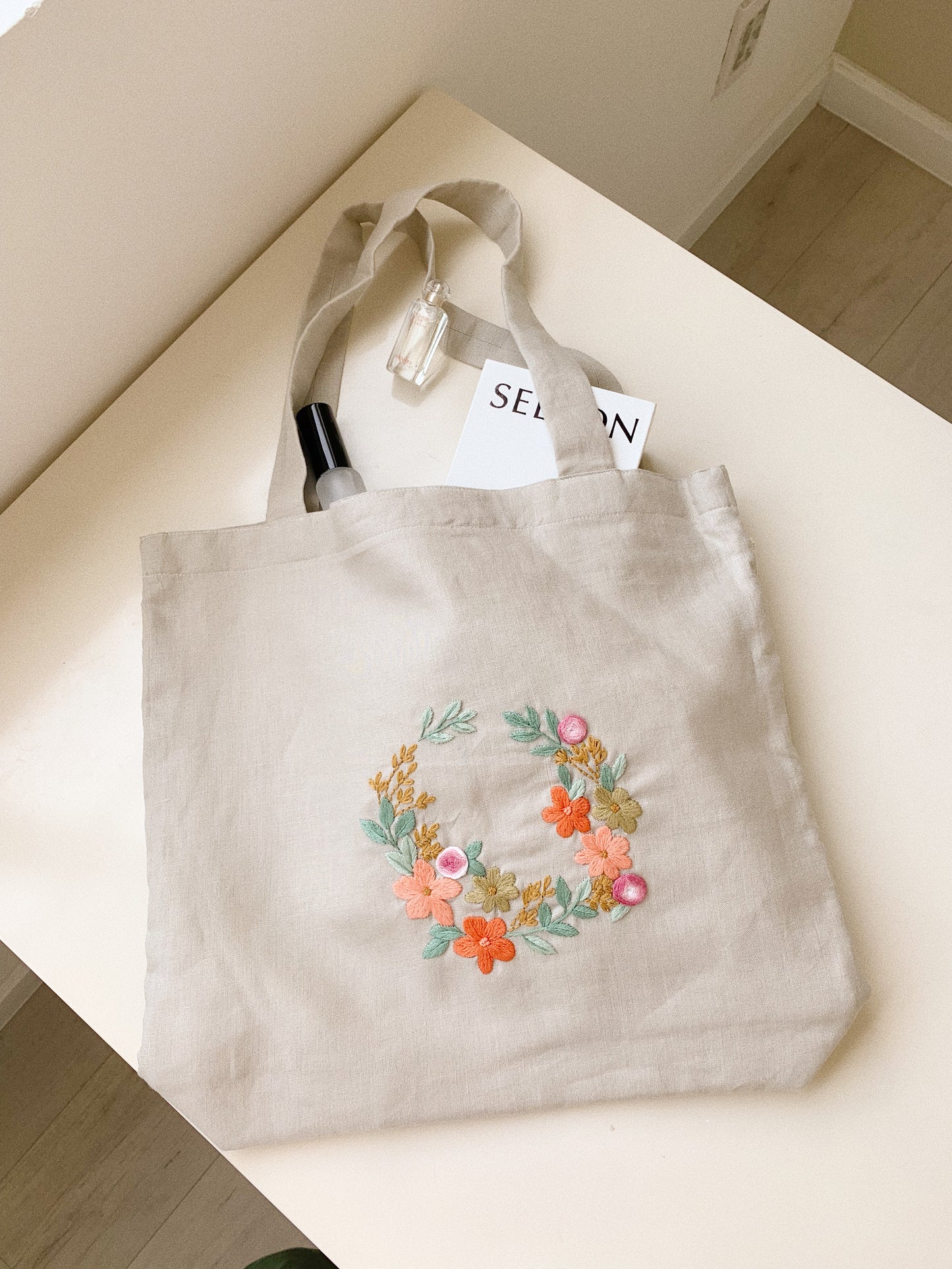 Hoa Mai Wreath- Floral Linen Tote Bag