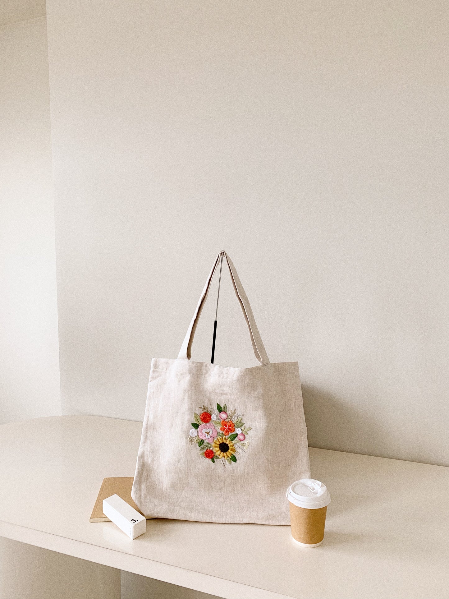 Linen Canvas Tote Bag with Hand Embroidery Sunflower