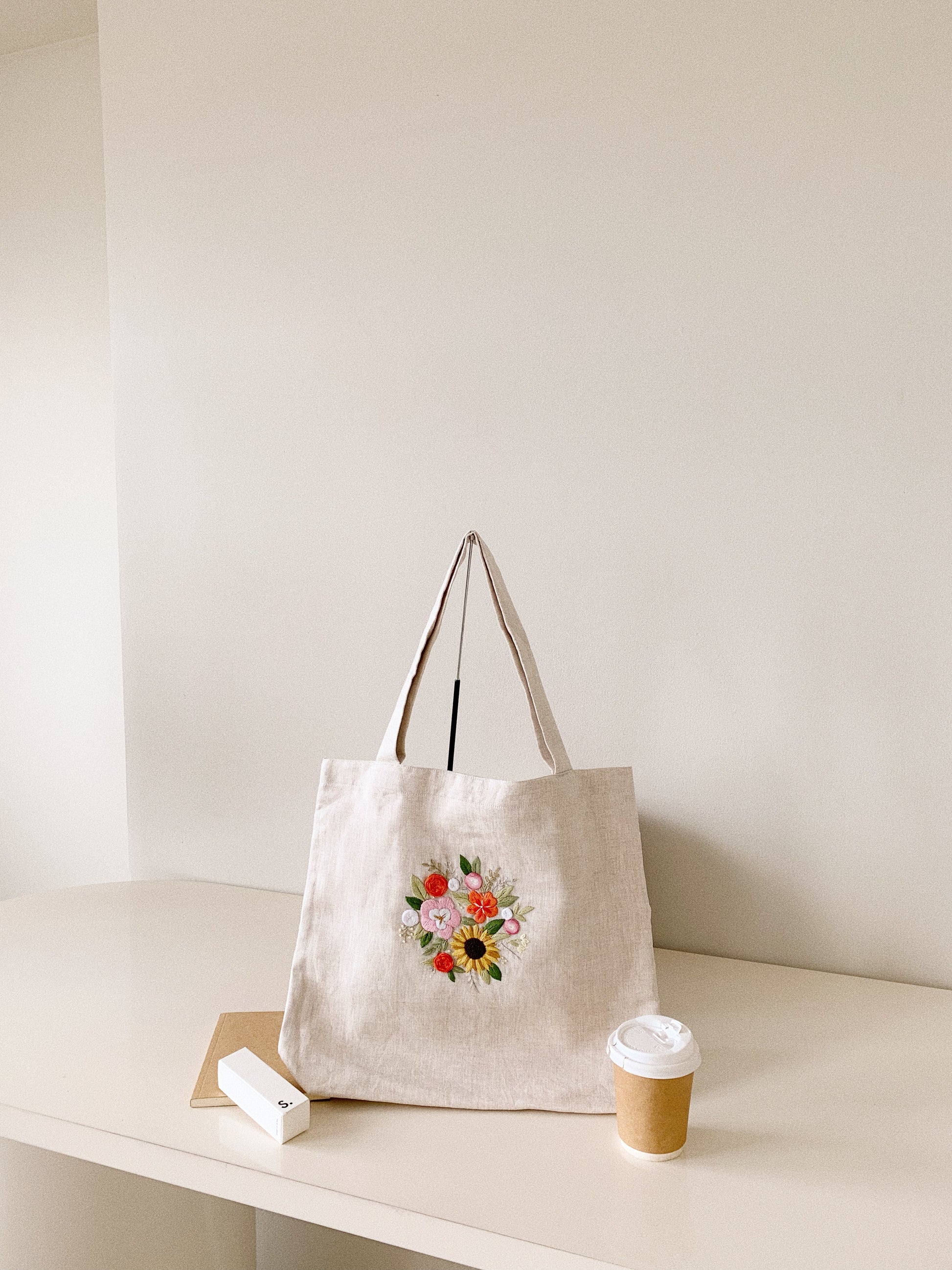 Linen Canvas Tote Bag with Hand Embroidery Sunflower