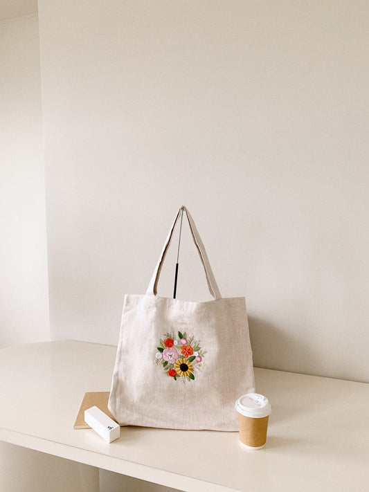 Linen Canvas Tote Bag with Hand Embroidery Sunflower