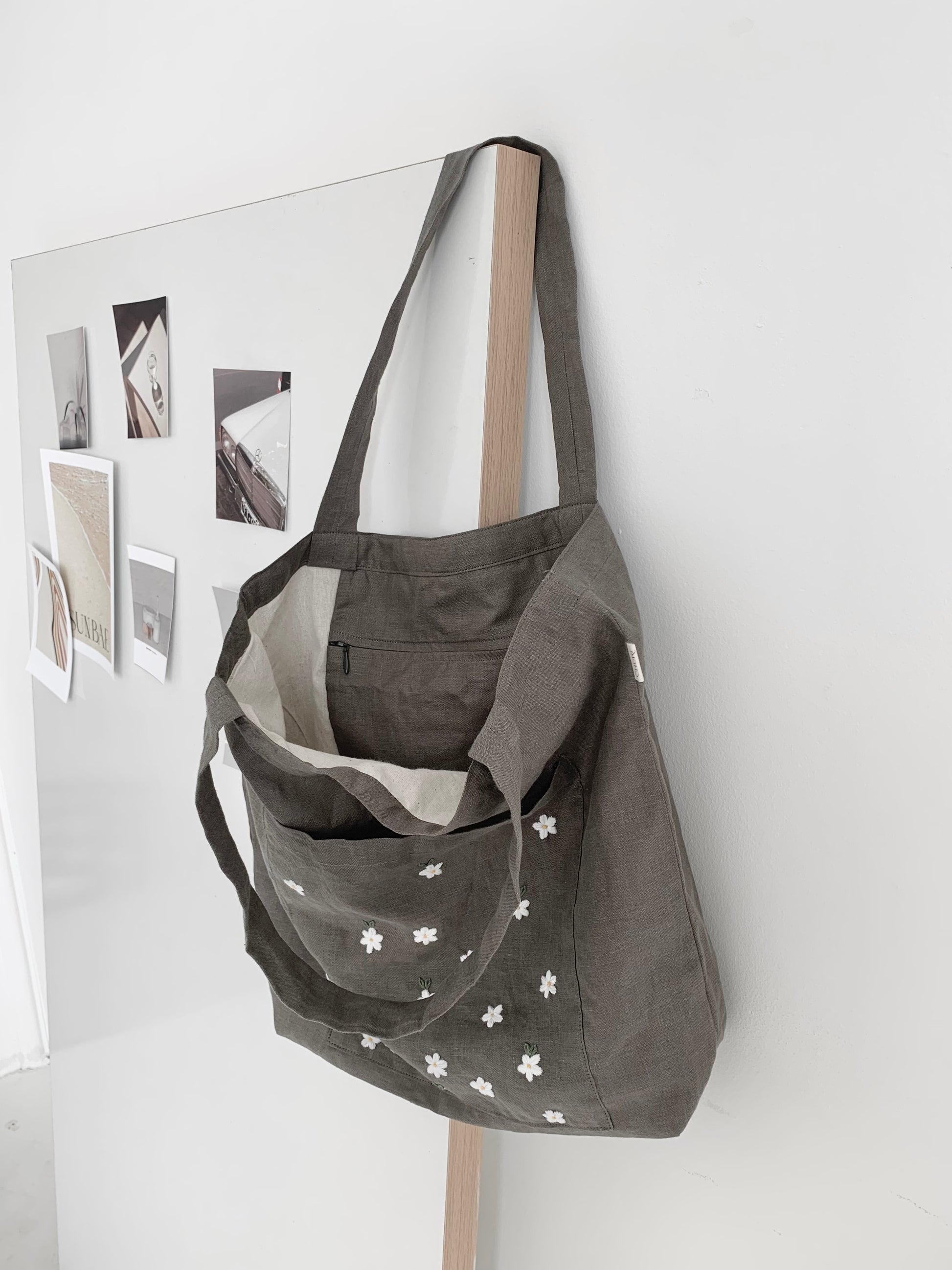 Linen Canvas Tote Bag with Hand Embroidery Daisy Flower