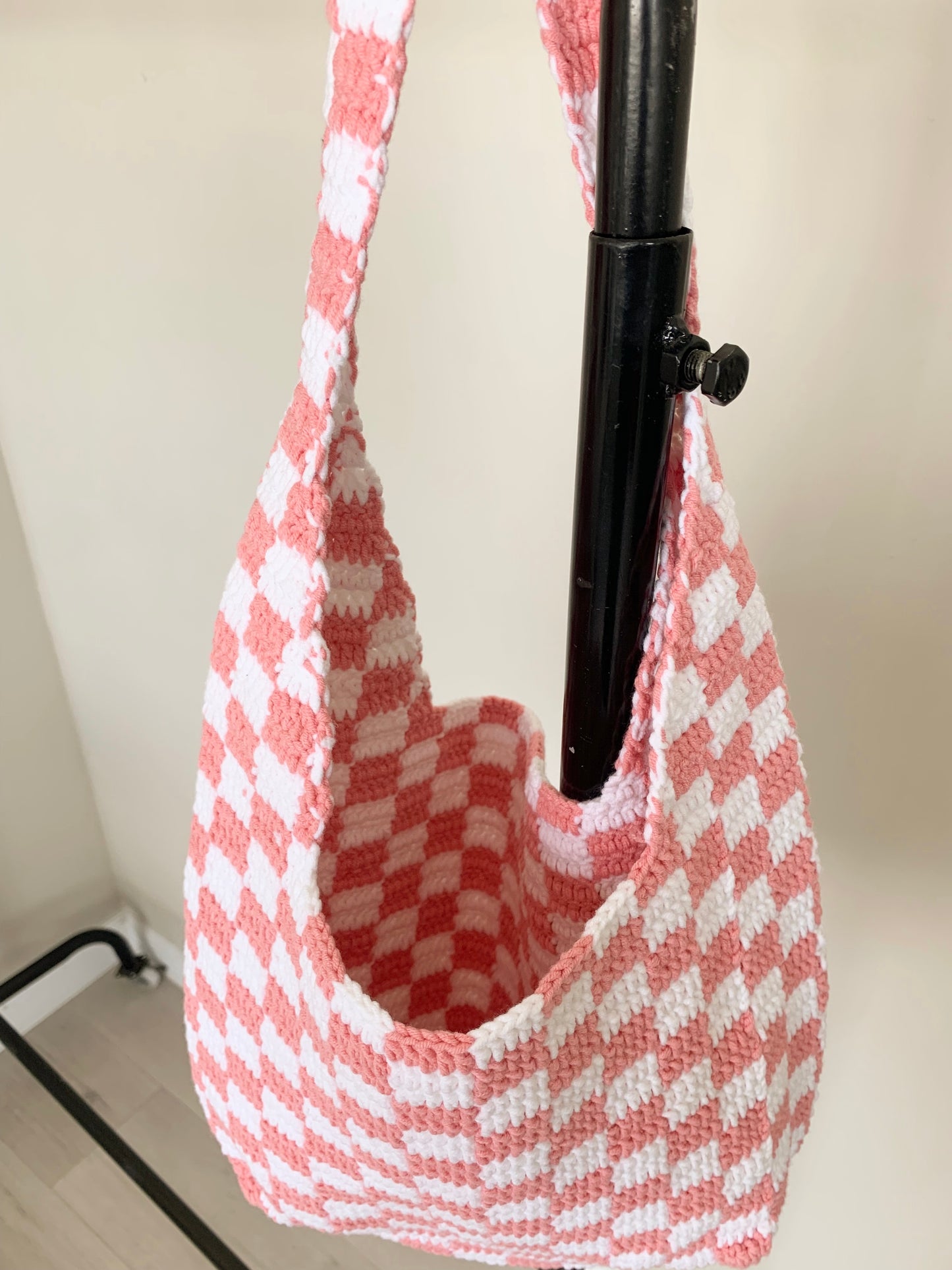 Pink Checkered Pattern Crochet Tote Bag