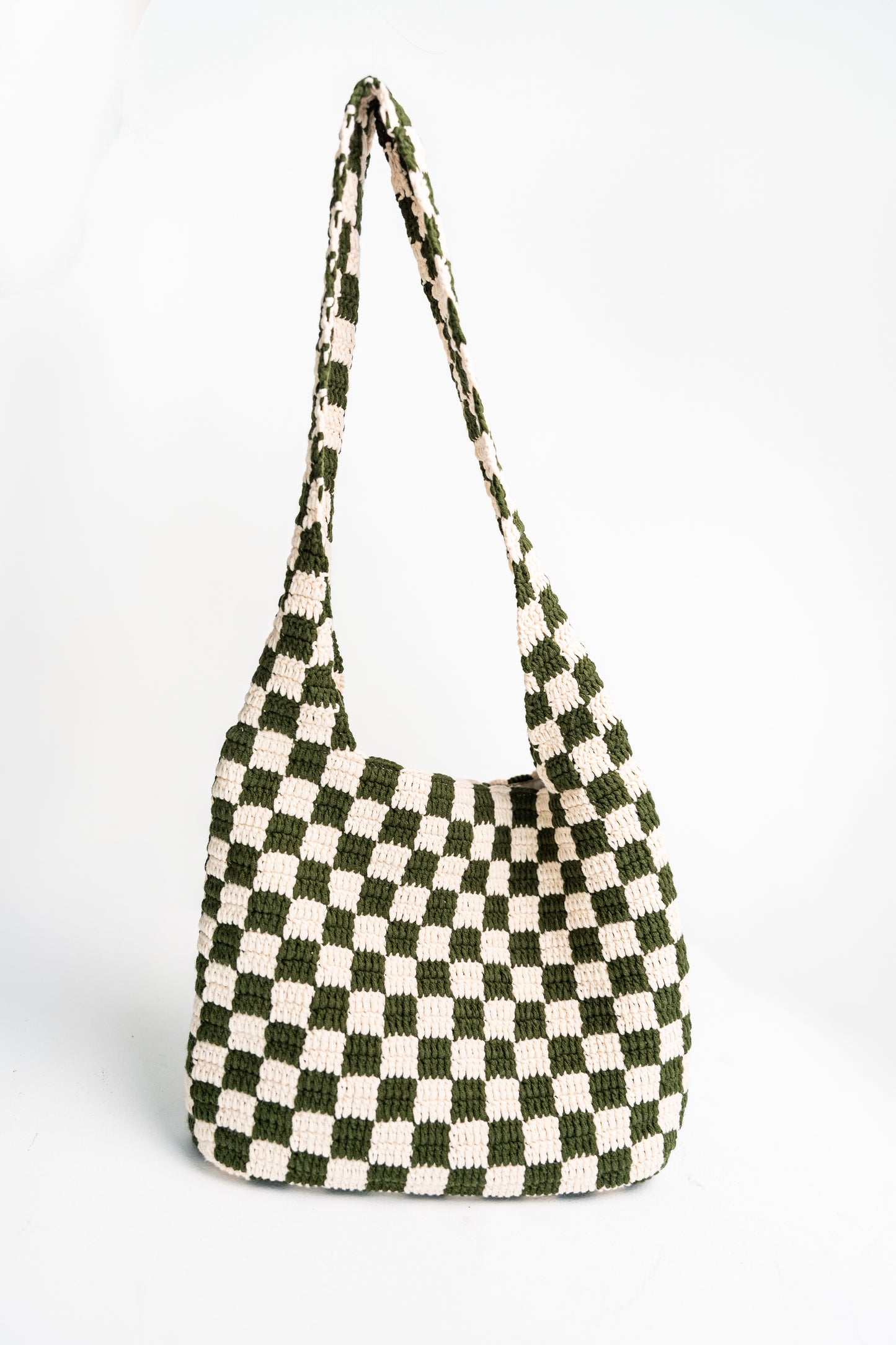 Olive Green Checkered Pattern Crochet Tote Bag