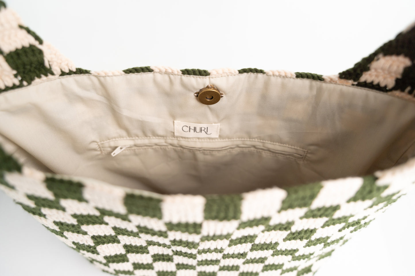 Olive Green Checkered Pattern Crochet Tote Bag