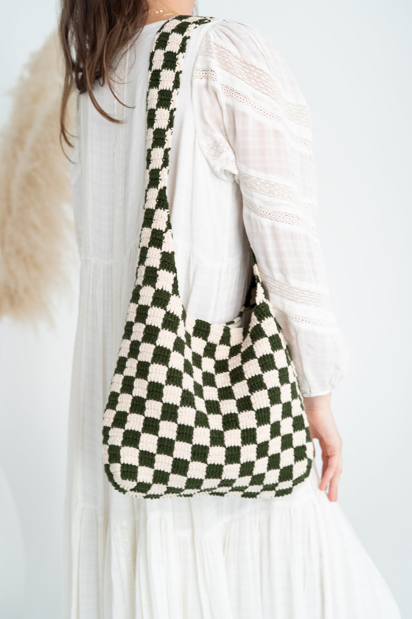 Black Checkered Pattern Crochet Tote Bag