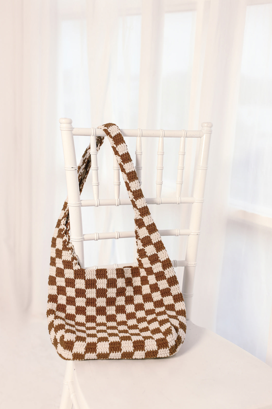 Brown Checkered Pattern Crochet Tote Bag
