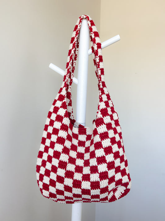 Red&Beige Checkered Crochet Tote Bag