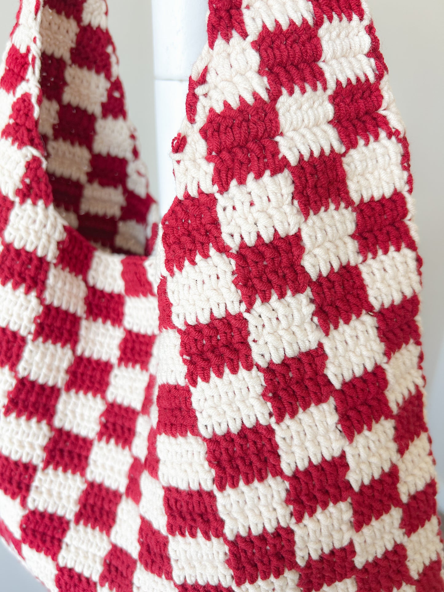 Red&Beige Checkered Crochet Tote Bag