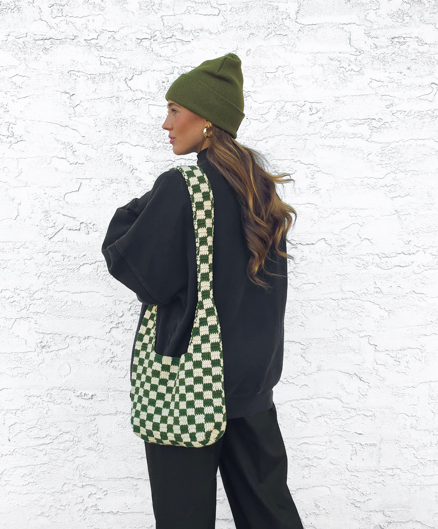 Olive Green Checkered Pattern Crochet Tote Bag
