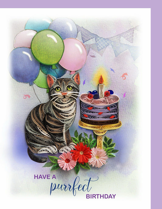 Birthday cat & balloons - Quilling card